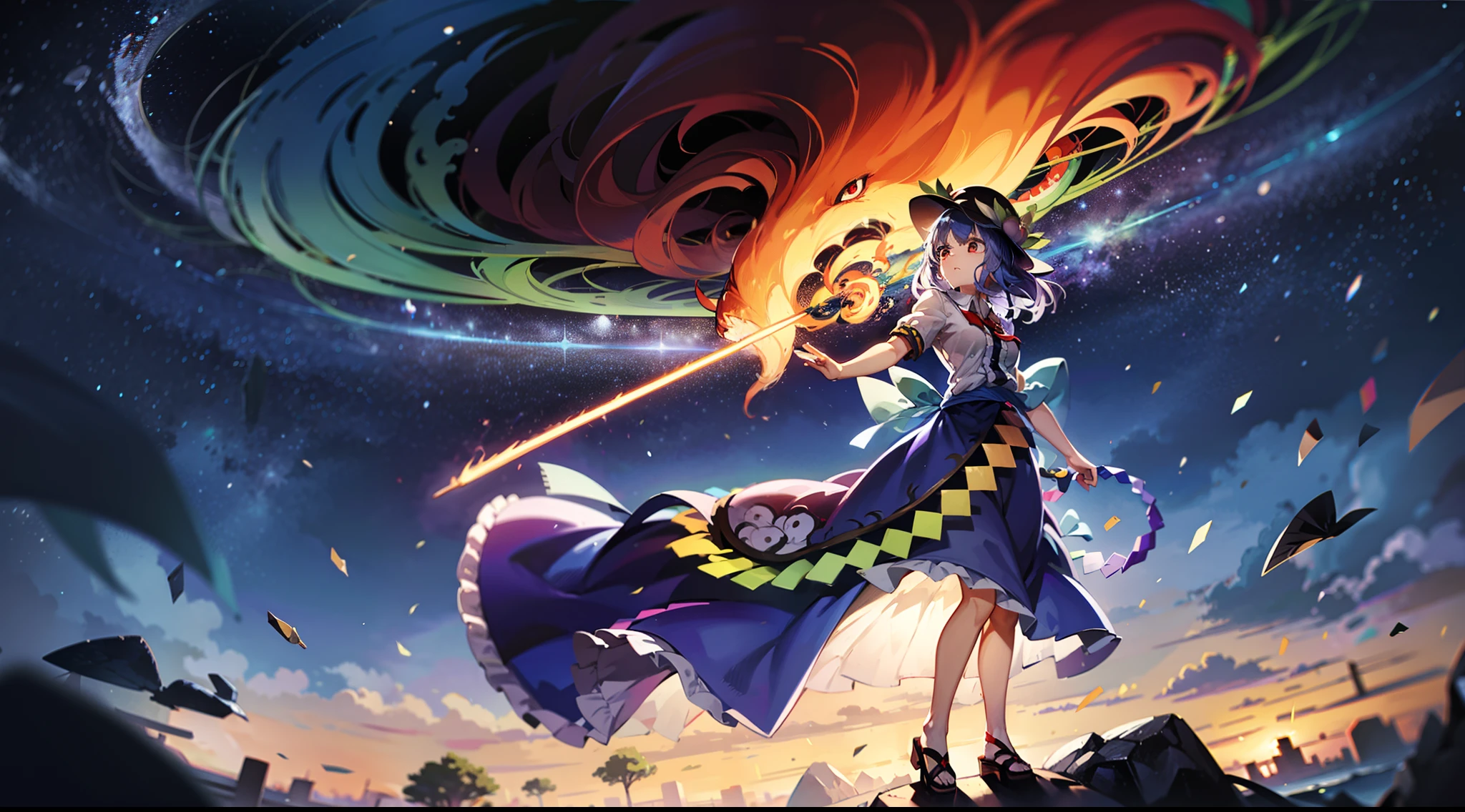 Japanese anime wallpaper 8K，wide angles，Golden ratio composition，HighestQuali，ancientry，（（touhou project）），（（（1girl））），Hinanawi Tenshi，slender figures，skin is soft and smooth，celestial realm，daytime，Clouds，Stand on the rock，Armed with the Sword of Imagination，luz eenvolvente，Soft lighting，Clear facial features，The  is structurally correct，The hands are clear and correct，The costumes of the characters are clear and correct，The details are complete and clear