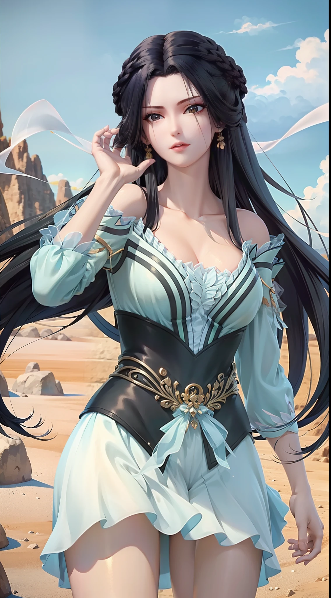 masterpiece,best quality,1girl, black hair, bare shoulders, long hair, dress,cowboy shot, dynamic pose, dynamic angle,