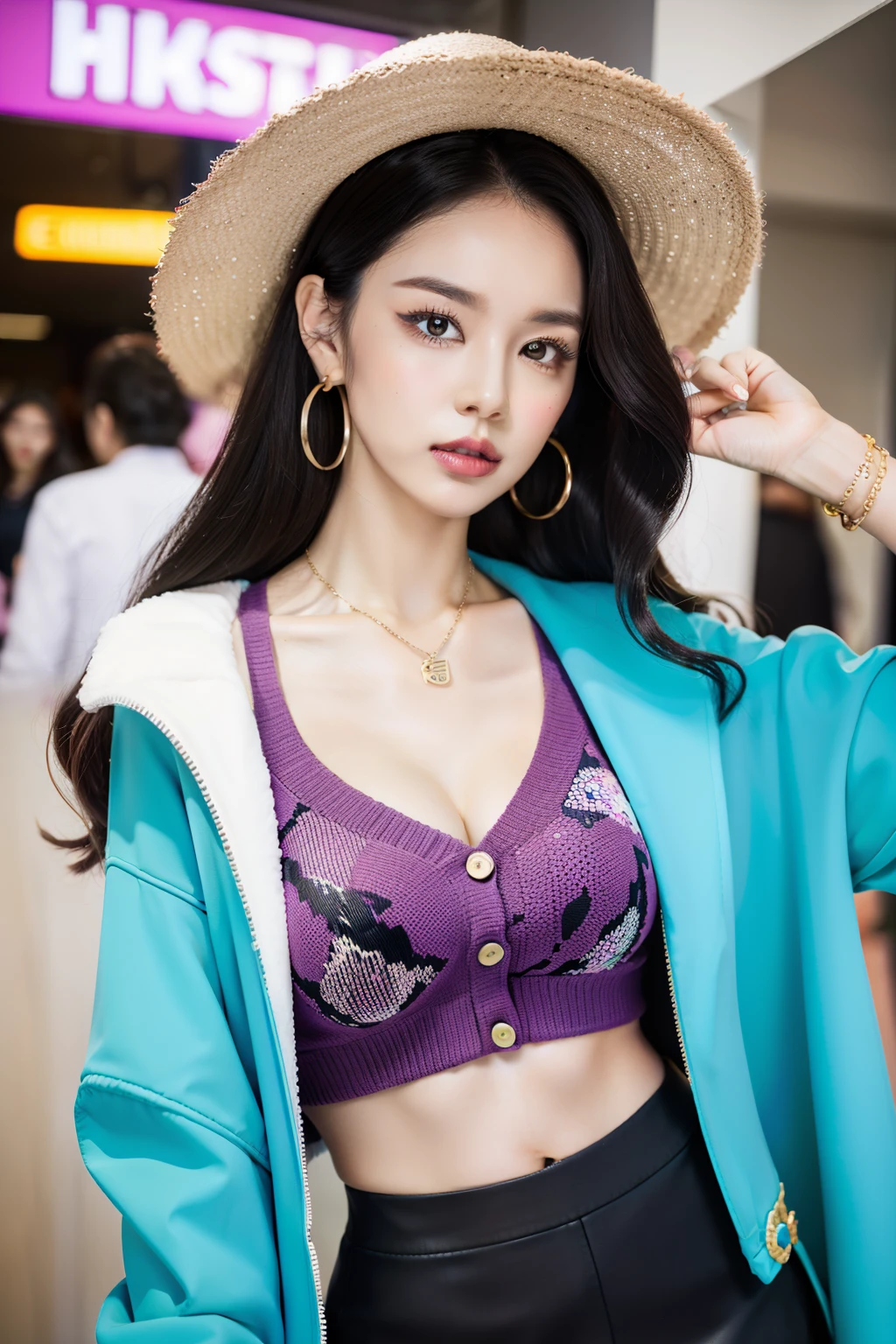 (highy detailed，8K，realisticlying，meticuloso，Real Human)the hair：In women's fashion in the 80s，Hair is usually groomed very thick and fluffy，Popular hairstyles include honeycomb heads，Big waves and fluffy curls。Some women also choose to use hairspray or mud for a more exaggerated hairstyle。 putting makeup on：Emphasis on eye makeup was a characteristic of women in this period。thick bushy eyebrows、Heavy eyeliner and dark eyeshadow are representative of 80s makeup。Lip aspect，Fashionable women usually choose intense red or purple lipsticks，Emphasize lip shape。nipple tops：Common top styles include loose-fitting long-sleeved shirts、Exaggerated style with overly wide shoulders and shoulder pads。Popular fabrics are silk and chiffon。Pattern-wise，Popular motifs include boldgeometric patterns、Animal print、Rubber pattern and cartoon print Manteau：Women in the 80s liked to wear loose and characteristic coats，For example, a loose windbreaker、Straw hat jacket and knitted cardigan。Some coats also come with large buttons and accessories。skirt suit：Popular skirt styles include miniskirts、Midi skirts and A-line skirts。The miniskirt is typical of the 80s style，Accentuate the woman's leg line。Patterns and colors are also varied，Includes bright fluorescent colors and prints。Accessories：Women's fashion in the 80s focused on accessories that matched clothes，Popular accessories include large earrings、Wide waistband、Vintage sunglasses and long necklace。Wrist watch、Bracelets and rings are also indispensable accessories