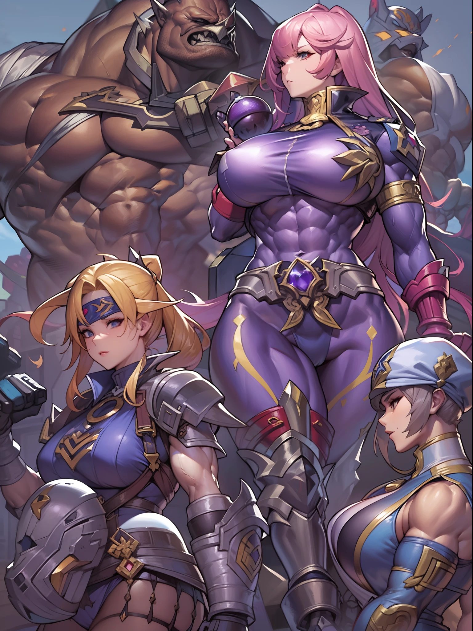 Transcendent beauty illustration、Female Officer、((Muscular beauty :1.5))、8K、(Super Giant Chest :1.5)、Muscle Murasaki Shikibu、street fighter,mechanical suit,alien hunter,