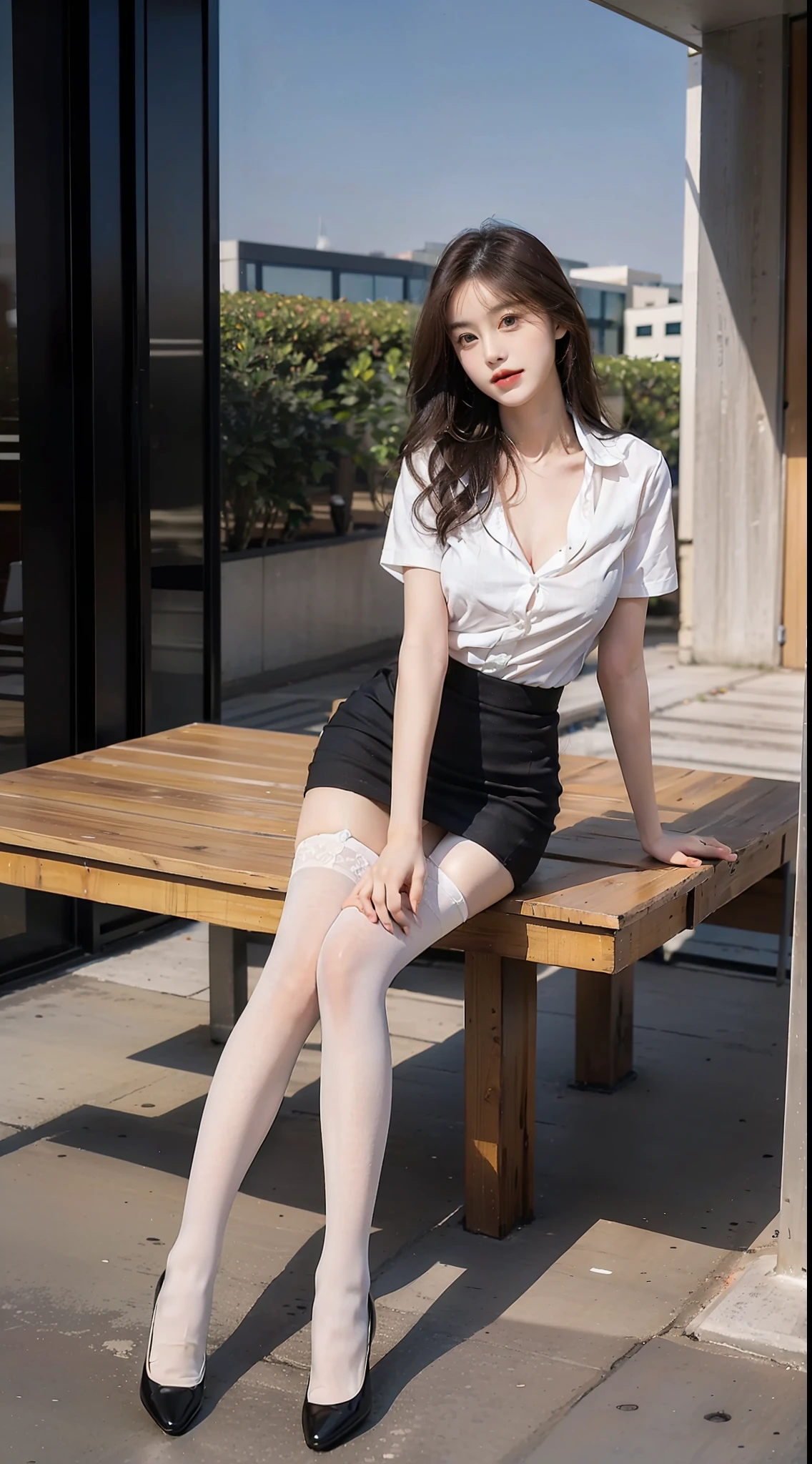 best qualtiy, Full body like,Refined face,pretty face,25 years old woman,slimfigure,Smaller bust,office lady uniform,Office wear,white stockings,Outdoor scene,Sit Pose,yellow long hair