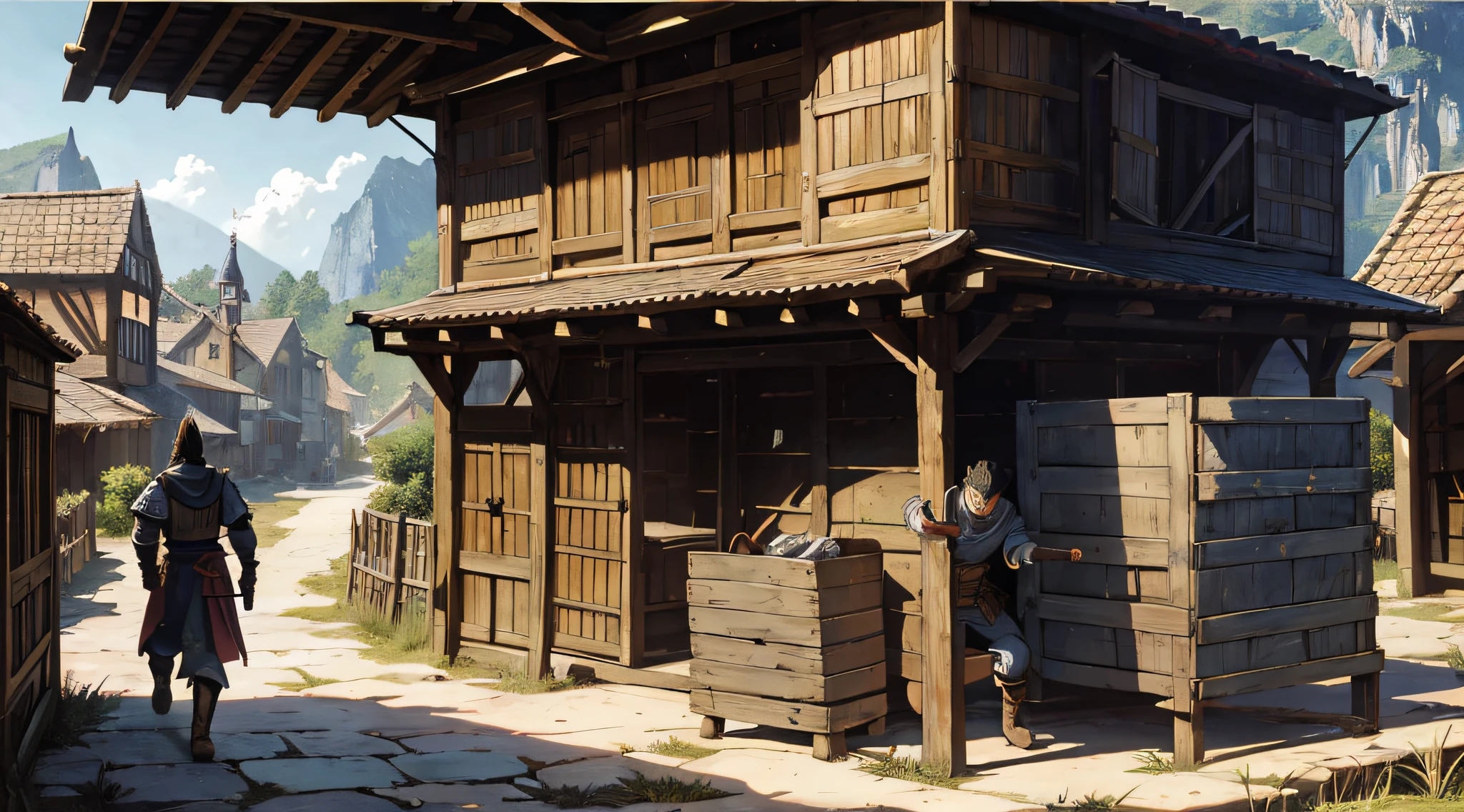 Male character carrying a wooden crate with determination into a medieval-era village building, depicted in manga style. Dynamic manga panel layout with emphasis on shading.