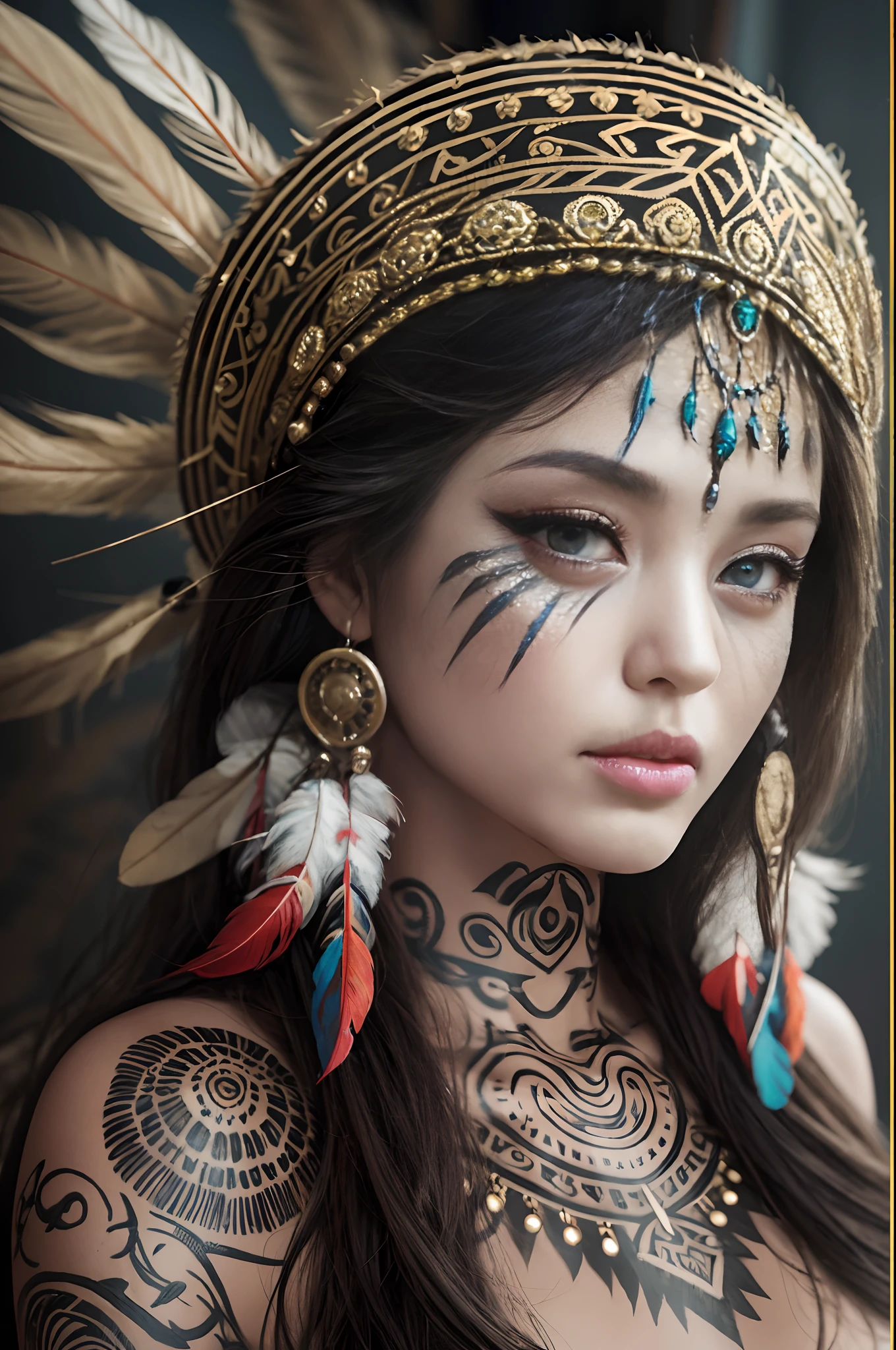 arafed woman in a feather headdress with feathers on her head,(((painted face))), aztec princess portrait, wearing crown of bright feathers, girl with feathers, beautiful young female shaman,painted face,Strobe, she is dressed in shaman clothes,Drop-Shadow, feathered headdress,(Tesla Coil: 1,5),auto contrast, sternum tattoo, ornate headdress, a young female shaman, angelina jolie uhd, headdress, : native american shamen fantasy, centered headdress,painted face,Strobe,Fluorescent,Tesla Coil.