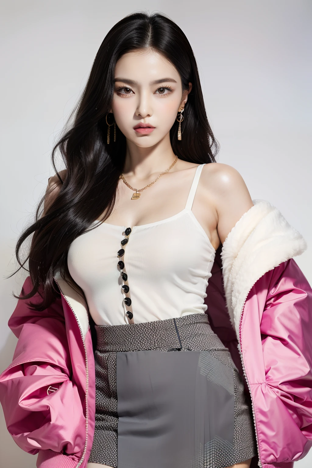 (highy detailed，8K，realisticlying，meticuloso，Real Human)the hair：In women's fashion in the 80s，Hair is usually groomed very thick and fluffy，Popular hairstyles include honeycomb heads，Big waves and fluffy curls。Some women also choose to use hairspray or mud for a more exaggerated hairstyle。 putting makeup on：Emphasis on eye makeup was a characteristic of women in this period。thick bushy eyebrows、Heavy eyeliner and dark eyeshadow are representative of 80s makeup。Lip aspect，Fashionable women usually choose intense red or purple lipsticks，Emphasize lip shape。nipple tops：Common top styles include loose-fitting long-sleeved shirts、Exaggerated style with overly wide shoulders and shoulder pads。Popular fabrics are silk and chiffon。Pattern-wise，Popular motifs include boldgeometric patterns、Animal print、Rubber pattern and cartoon print Manteau：Women in the 80s liked to wear loose and characteristic coats，For example, a loose windbreaker、Straw hat jacket and knitted cardigan。Some coats also come with large buttons and accessories。skirt suit：Popular skirt styles include miniskirts、Midi skirts and A-line skirts。The miniskirt is typical of the 80s style，Accentuate the woman's leg line。Patterns and colors are also varied，Includes bright fluorescent colors and prints。Accessories：Women's fashion in the 80s focused on accessories that matched clothes，Popular accessories include large earrings、Wide waistband、Vintage sunglasses and long necklace。Wrist watch、Bracelets and rings are also indispensable accessories