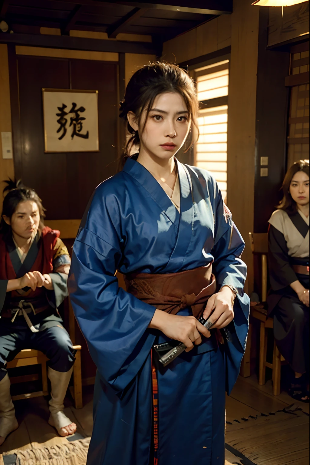 c4ttitude, samurai, vigilant, Yeux en amande, furrowed brow, fourrure lisse, guerrier, disciplined, focused, Armored kimono, Guarded cover, acier, pattes griffues, Katana, feudal Japan, rue, honorer, duel, Confrontation scene,