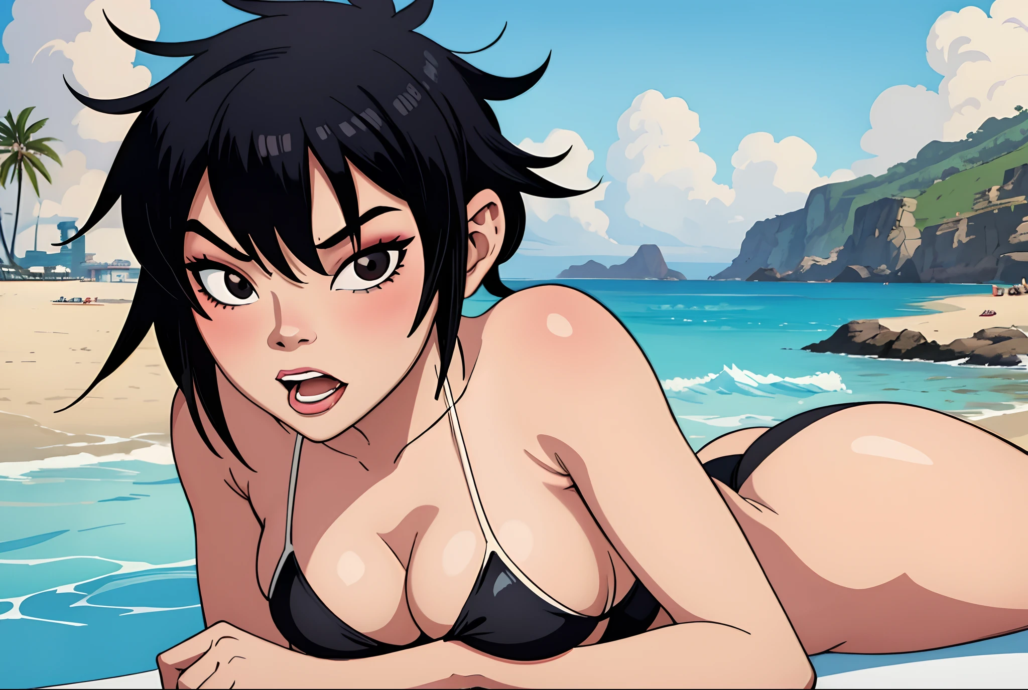 (masterpiece, best quality:1.2), noodle (gorillaz), 1girl, black hair, solo, open mouth, black eye, short hair, laying on a beach towel, noodle from Gorillaz in a bikini, on a sunny beach, sunbathing at the beach, commission for high res, extremely detailed artgerm, cutesexyrobutts, on the beach, makeup, blush, seductive pose, sexual expression, solo, parted lips, portrait, hands on breasts