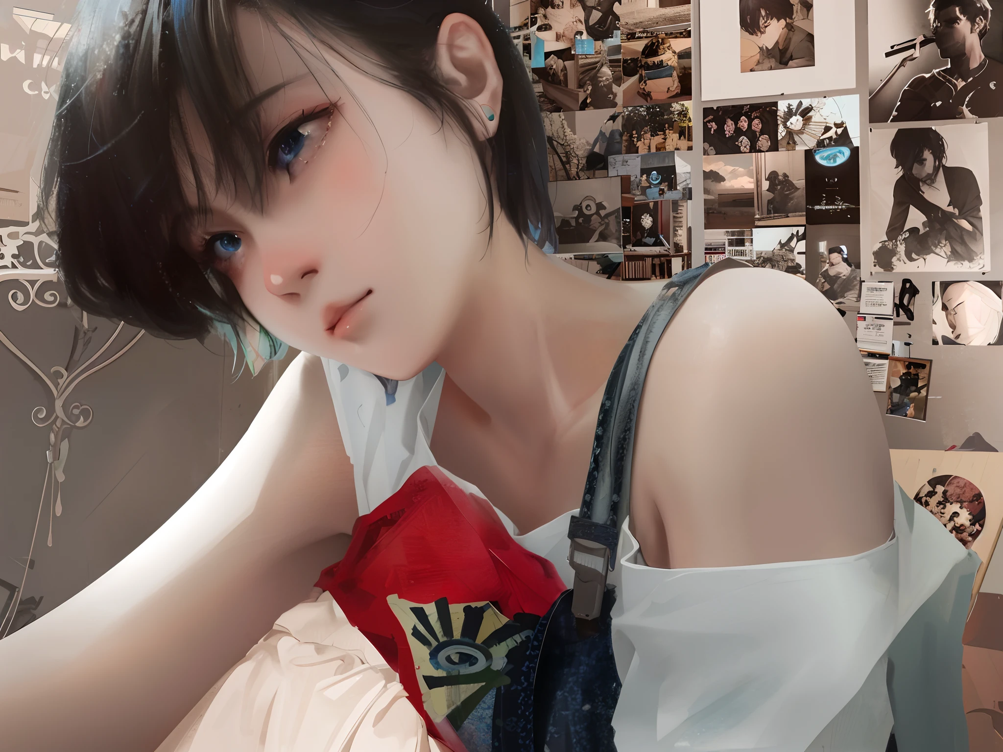 Ultra-high definition 2D art, close-up (1 woman), light blue hair, 2D animation style, soft and delicate depiction, attention also on her full-body tattoos (full-body art), landscape mode, masterpieces by Guweiz and James Jean, tattoo expert designs by CGSCOSITY, etc. A beautiful blue-haired girl who became a hot topic at the trend art station of Japan.