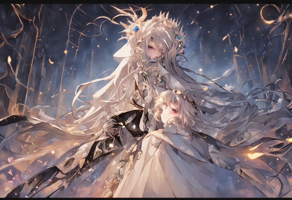 ((Obras)), melhor qualidade, outstanding illustration, (((Um casal se vendo))), Foco suave, (((1 menino com cabelo preto curto))) (((olhos azuis))) (((Roupas Dark Wizard))), (((1 menina de (((cabelo ruivo))) longo encaracolado))) (((olhos dourados))) (((elaborado e bonito vestido de noiva branco))), Roupas vitorianas, Victorian and magical romanticism, Atmosfera opulenta e requintada, soft light and warm lighting.