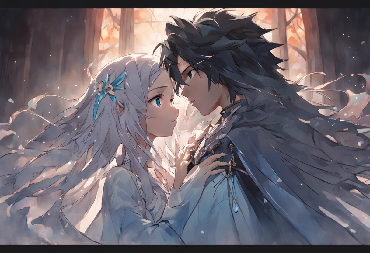 ((Obras)), melhor qualidade, outstanding illustration, (((Um casal se vendo))), Foco suave, (((1 menino com cabelo preto curto))) (((olhos azuis))) (((Roupas Dark Wizard))), (((1 menina de (((cabelo ruivo))) longo encaracolado))) (((olhos dourados))) (((elaborado e bonito vestido de noiva branco))), Roupas vitorianas, Victorian and magical romanticism, Atmosfera opulenta e requintada, soft light and warm lighting.