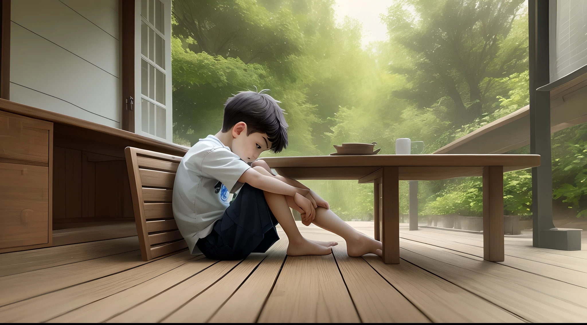 The boy rests barefoot on the table