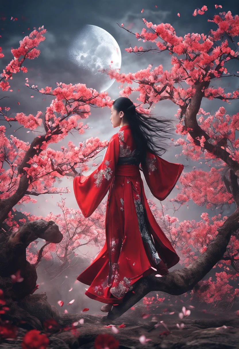 Super high quality, masterpiece, perfect illustration, extreme detail (exquisite light and shadow, highly dramatic picture,) Stroke, 1 girl, solo, (wearing red, black and white Hanfu,) flower field, flowers, (white smoke:1.3) (Realistic:1.4), Zen entanglement, tangled, official art, Unity 8k wallpaper, super detailed, beautiful and beautiful, masterpiece, best quality, (dynamic angle: 1.4), glowing skin, (floating colorful flashes: 1) the most beautiful chaotic forms, elegant, brutalist design, Bright colors, romantic depth of field exotic_dance, half_naked