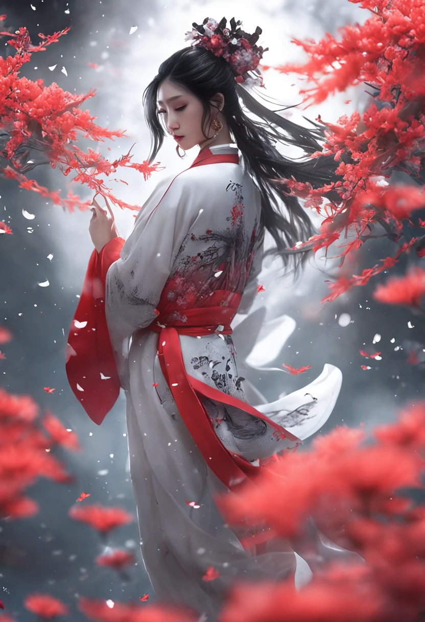 Super high quality, masterpiece, perfect illustration, extreme detail (exquisite light and shadow, highly dramatic picture,) Stroke, 1 girl, solo, (wearing red, black and white Hanfu,) flower field, flowers, (white smoke:1.3) (Realistic:1.4), Zen entanglement, tangled, official art, Unity 8k wallpaper, super detailed, beautiful and beautiful, masterpiece, best quality, (dynamic angle: 1.4), glowing skin, (floating colorful flashes: 1) the most beautiful chaotic forms, elegant, brutalist design, Bright colors, romantic depth of field exotic_dance, half_naked
