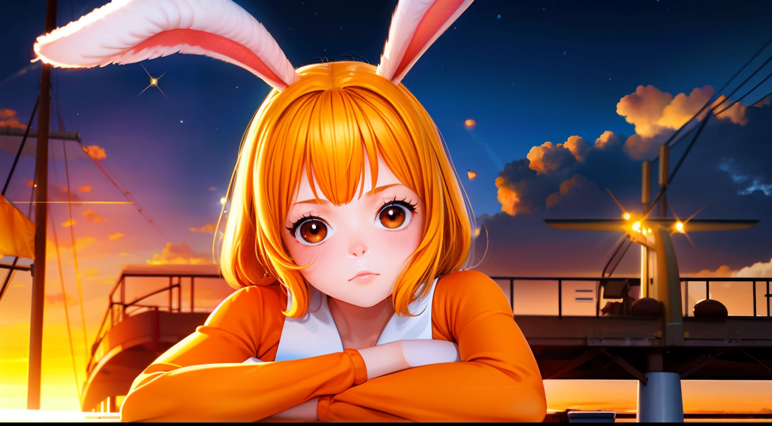 focused upper body, realistic, 1girl, yellow hair and sparkling brown eyes, sunset, on ship deck, sunlight, rabbit ears, (wearing orange dress)