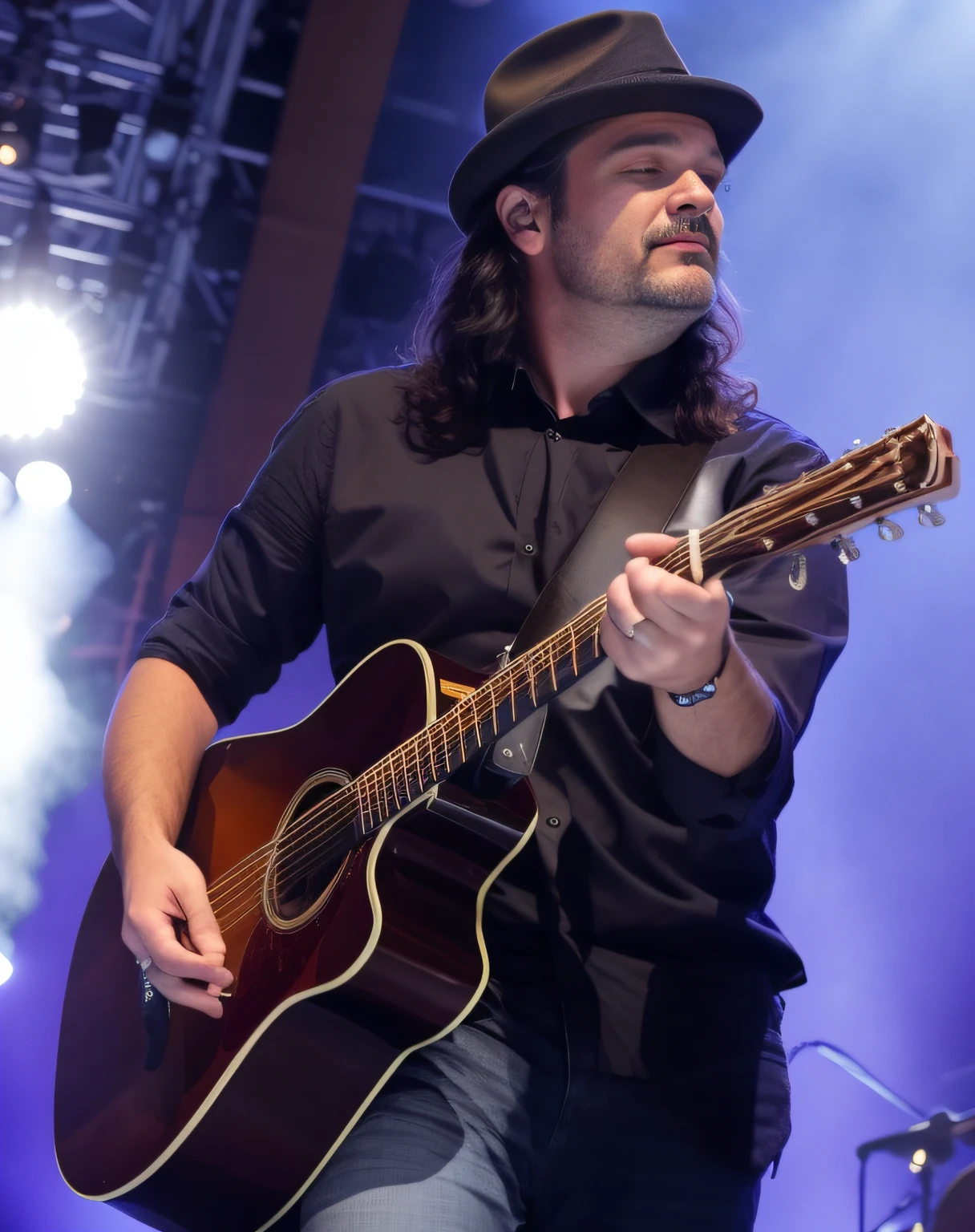 there is a man that is playing a guitar on stage, playing guitar on stage, Ed O'Brien (acoustic guitar), Fotografia de concerto ao vivo, editing, Laszlo Szabados, foto do concerto, em um fundo escuro, Alejandro, Directed by: Mathias Kollros, Anthony, fotografia de concertos, Miguel Vicente, Directed by: Paul Balkay, Jon Lothian