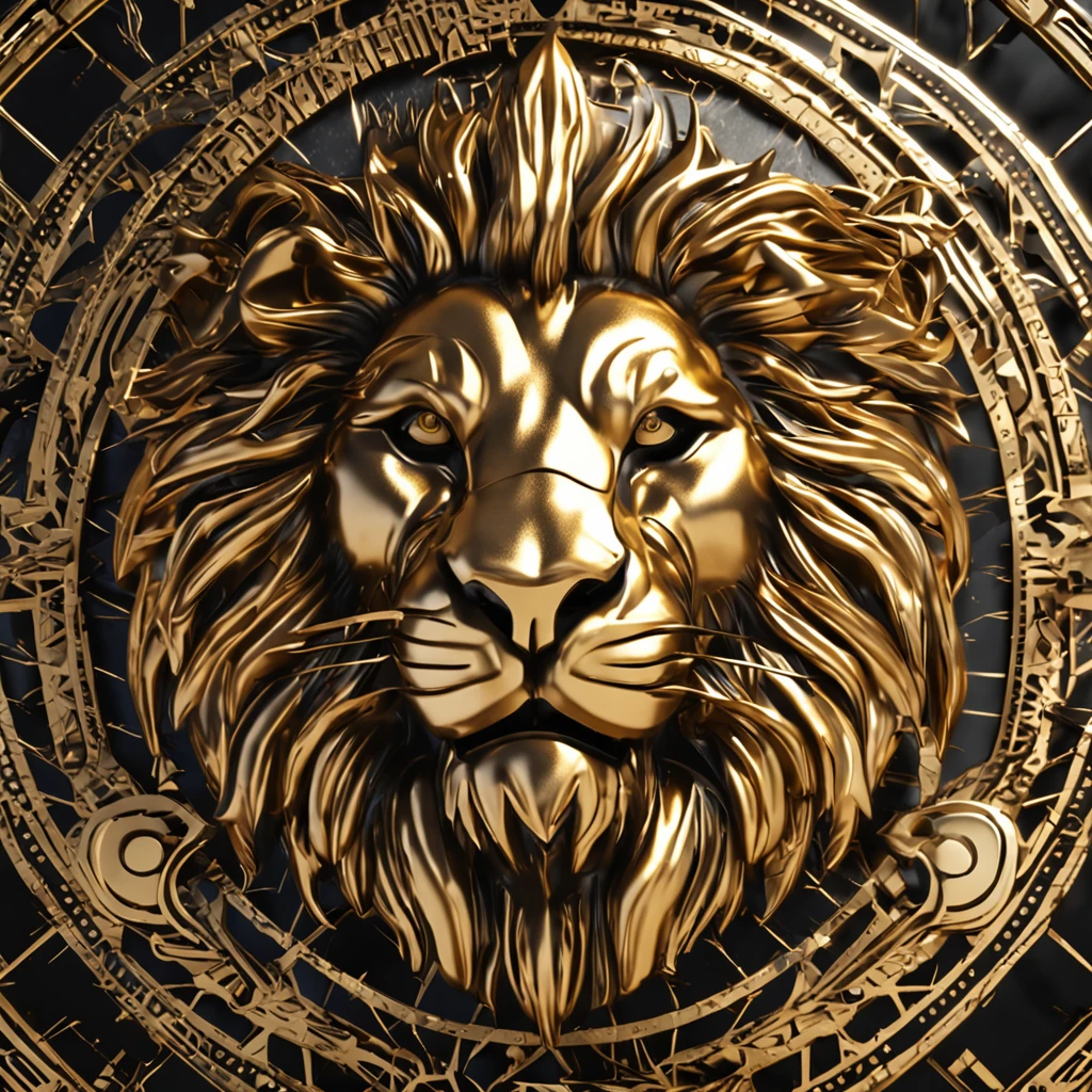 Make a logo with the head of a lion stylized in metal in gold color