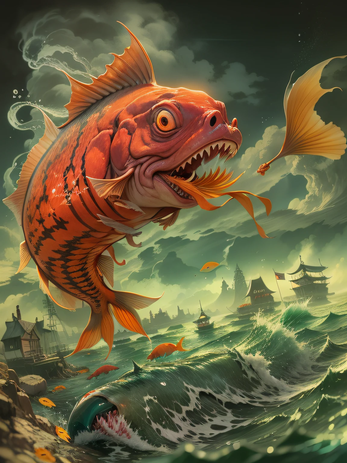 Little Japan pours poisonous liquid into the sea,Toxic logos,Nuclear contamination in Japan,Changes in marine life,Dead sea creatures,Decomposing corpses,Oddly shaped marine animals,The terrifying underwater world,the sea,Seawater pollution,Toxic liquid,Mutate the big fish,Large mouth of blood,A huge and ugly scary fish,The demons,a dark and eerie atmosphere,The eyes of the fish glow red,with a huge mouth open,Realistis,The end of the world,