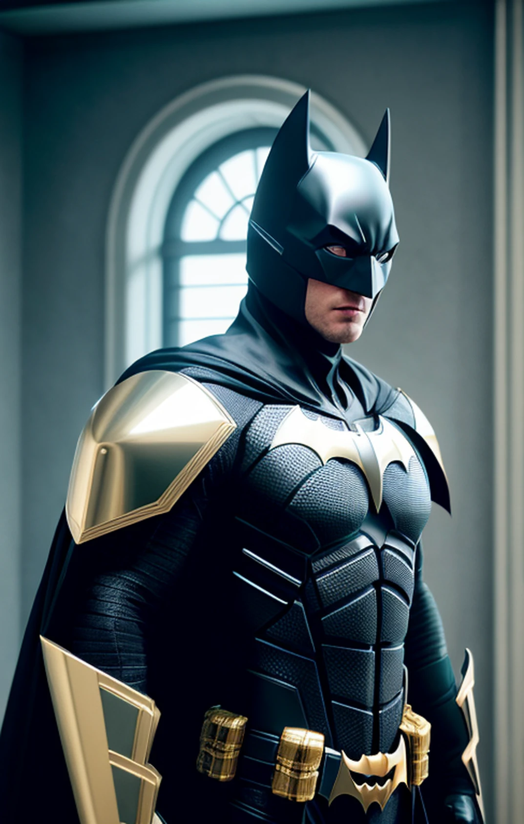 Future Batman with armor made of metallic gold, Skull gin, Diamond gold robe,Sharp shots, Profesional photogarpher, 70mm lense, Detail Love, Good quality, Unreal Engine 5, the wallpaper, pocket, Highly detailed, 8K, Soft light, fantasy, photograph realistic
