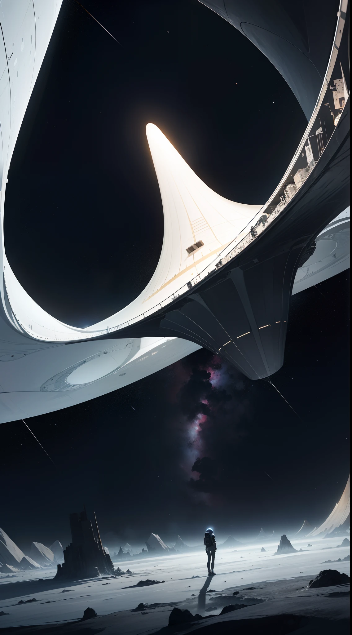 "a colossal, translucent extraterrestrial spacecraft overshadowing a minuscule ivory human space capsule amidst the boundless abyss of pitch-black cosmic expanse."