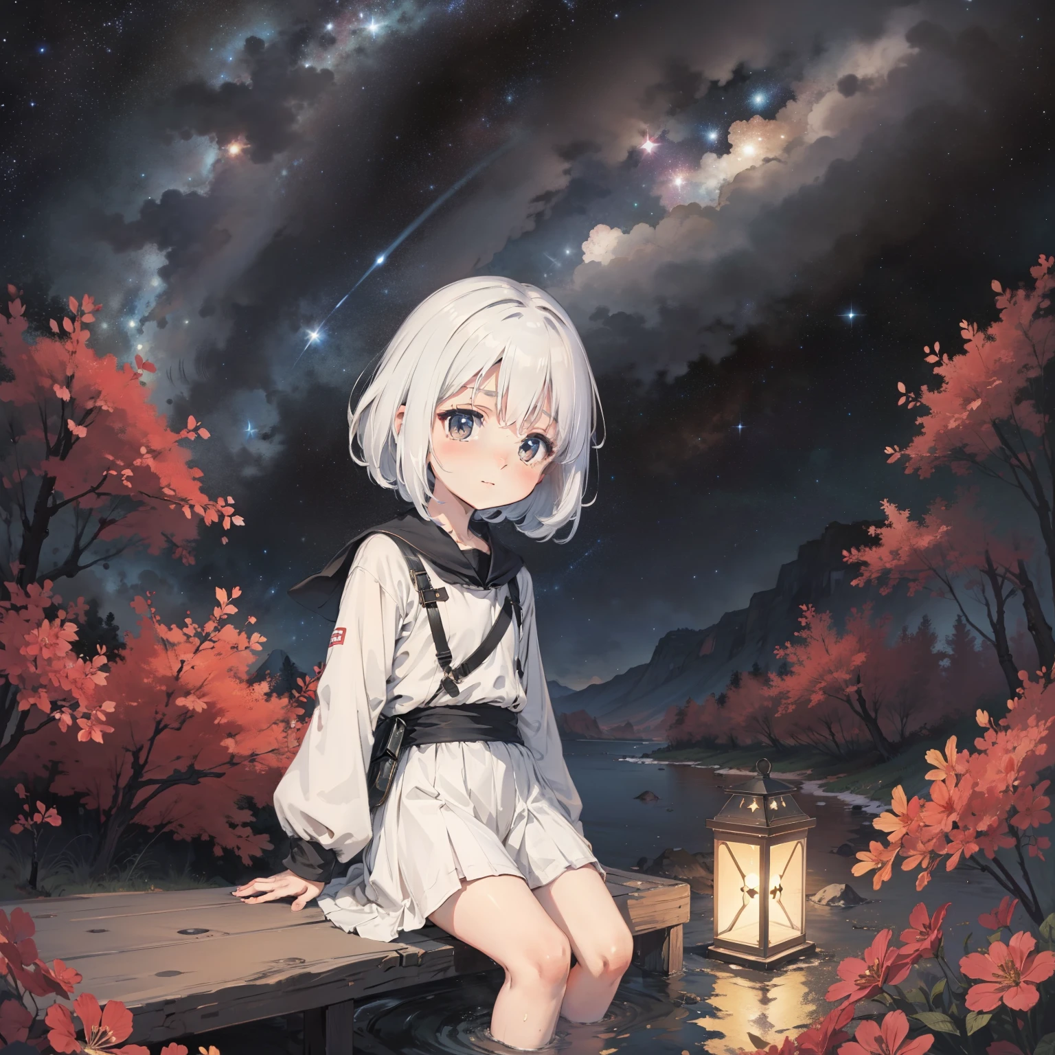 Behind Earth 1.4，starry sky bright，   girl drifting in the starry sky of the universe，Loli,elemen, (with short white hair:1.2),