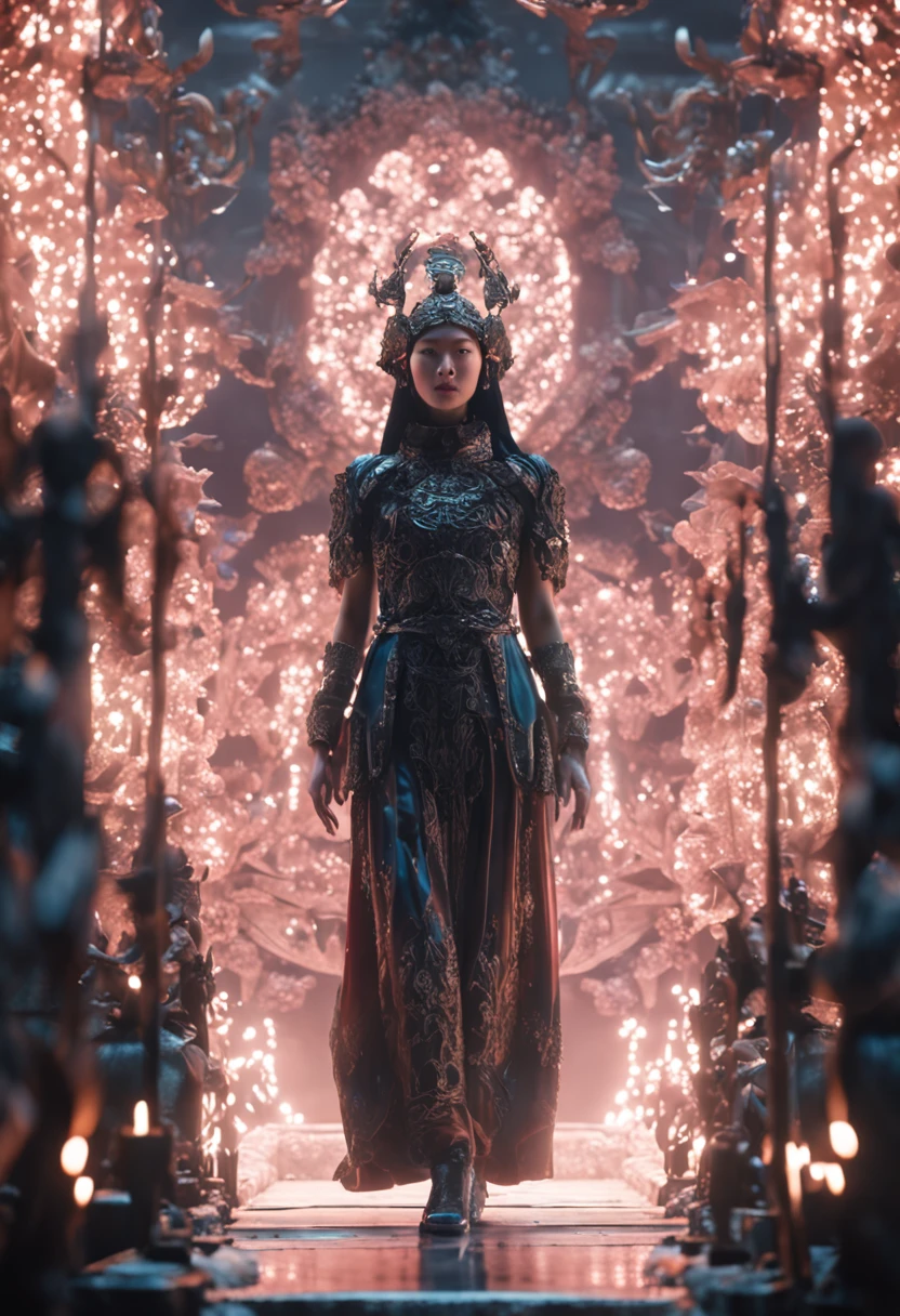 35mm, f/2.8, Incredibly hyper-detailed and intricately realistic, Full body shot, A GREAT ABYSS IN THE DEPTHS, with WITH LITTLE LIGHTS COMING FROM BELOW, The Korean princess falls into the abyss, In beautiful lighting, Unforgettable attraction, black color, THE SURFACE IS LIKE A LARGE MIRROR