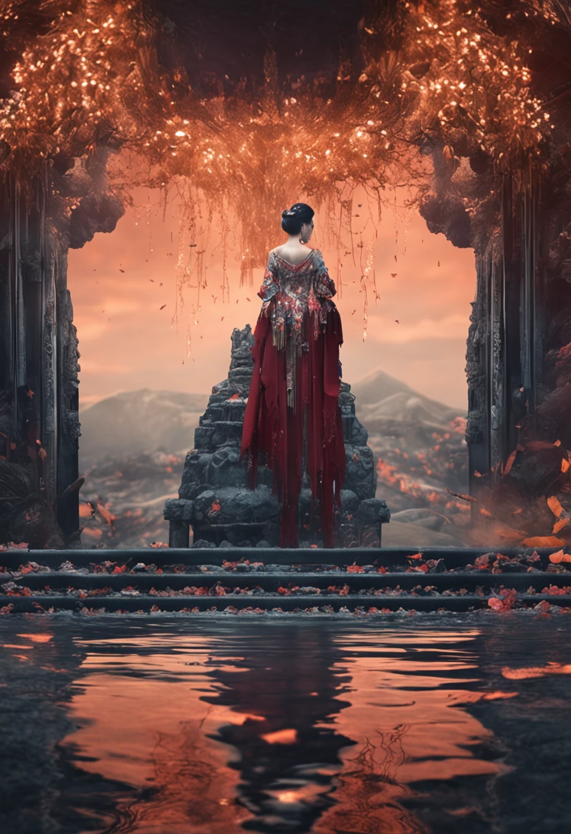 35mm, f/2.8, Incredibly hyper-detailed and intricately realistic, Full body shot, A GREAT ABYSS IN THE DEPTHS, with WITH LITTLE LIGHTS COMING FROM BELOW, The Korean princess falls into the abyss, In beautiful lighting, Unforgettable attraction, black color, THE SURFACE IS LIKE A LARGE MIRROR