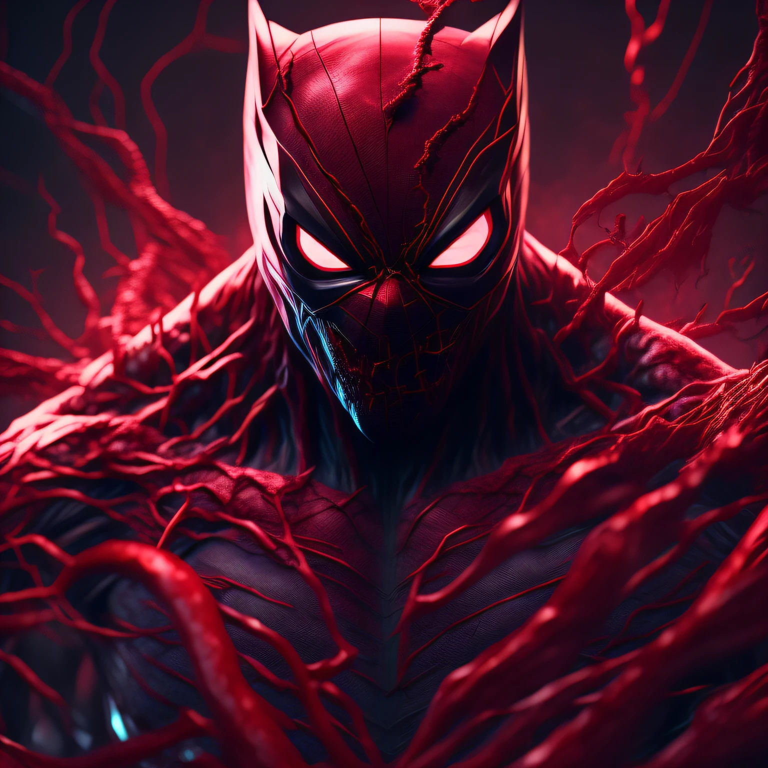 Carnage (Marvel), standard body, rough black skin, sharp teeth, evil smile, beautiful, cool, intricate details, sci-fi, 8K.