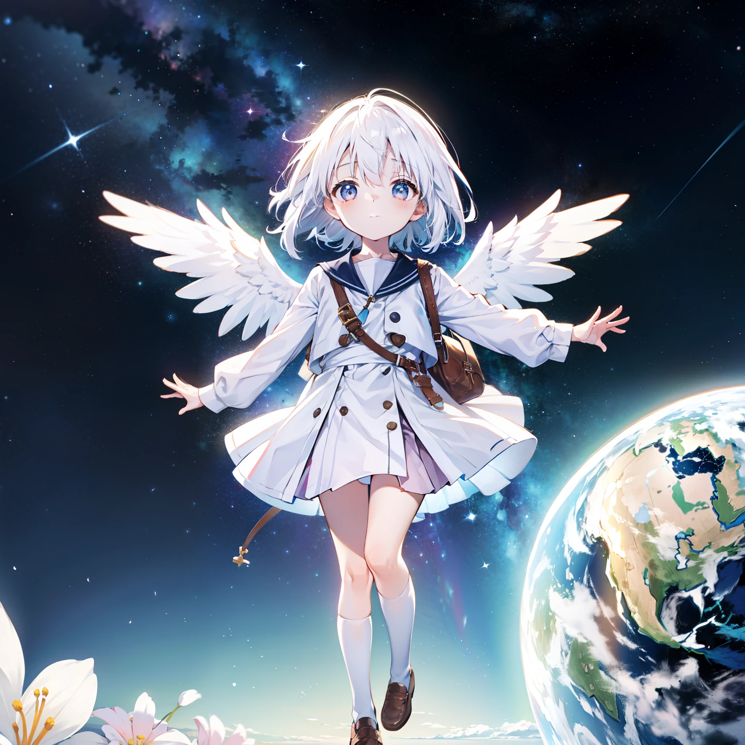 universe background，starry sky bright， 1girll,  girl who flew out of the earth，Loli,elemen, (with short white hair:1.2),
