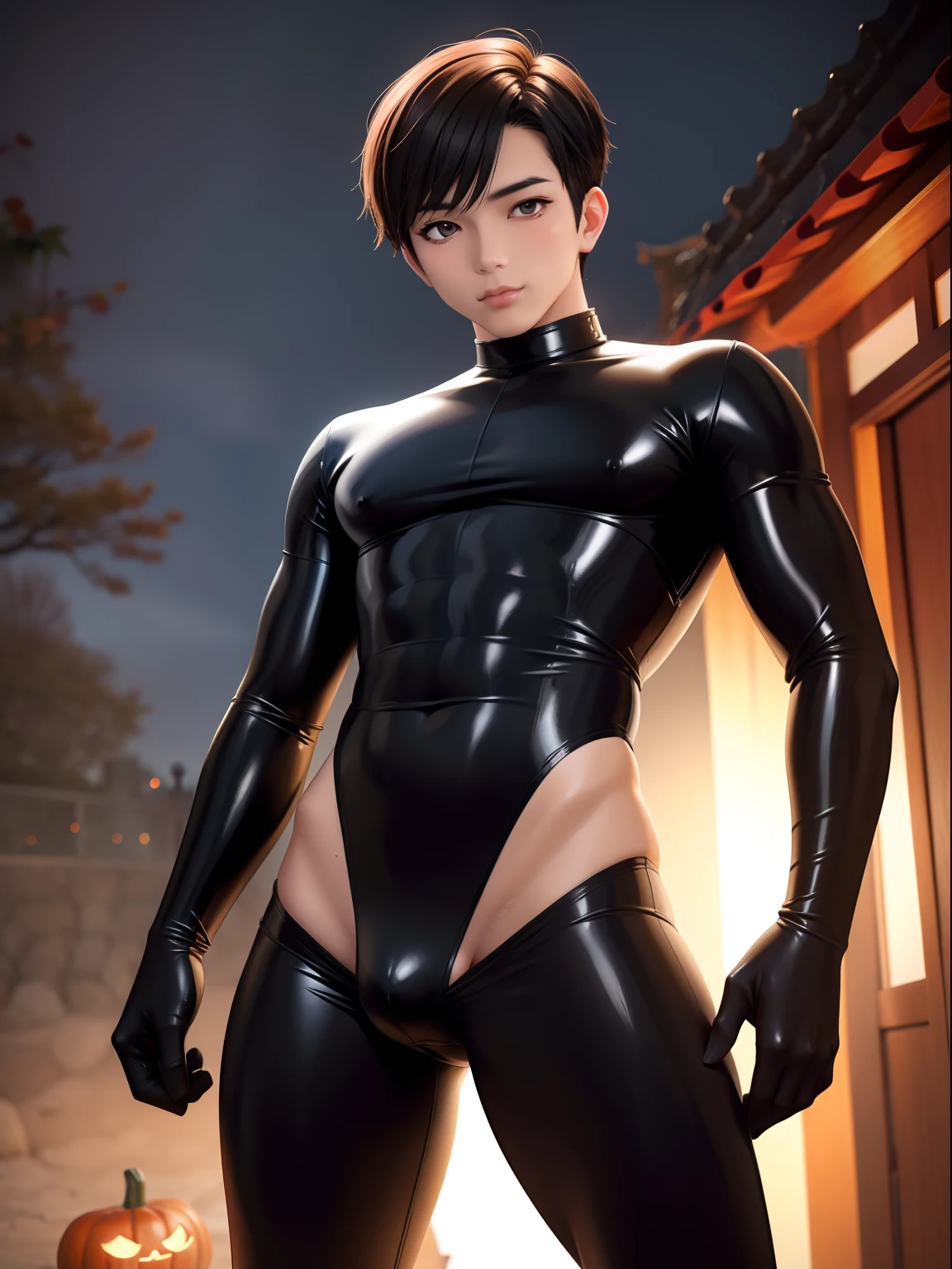 Young Asian man,fully body photo,Latex clothing,tightsuit,Halloween set,short detailed hair,Muscular body,Cocked buttocks,halloween theme