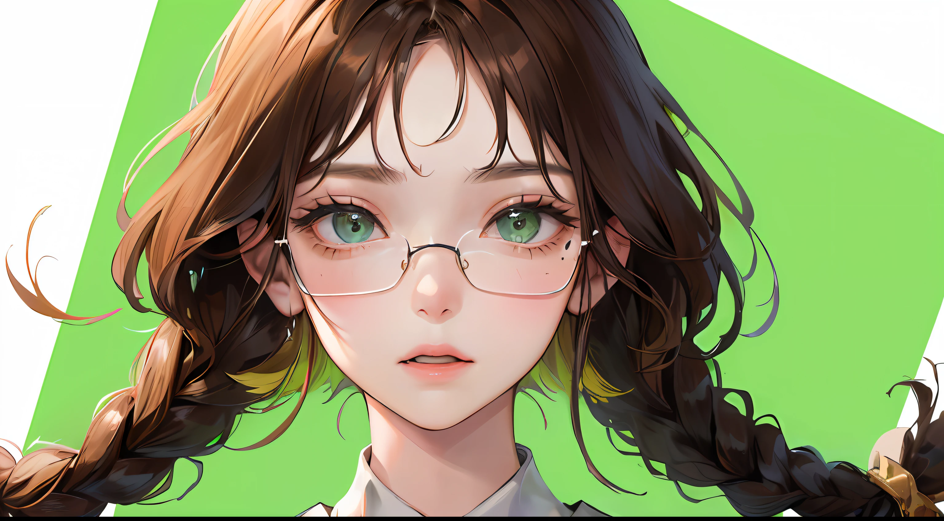 (((1人の女性)))、(Top resolution、Distinct_image) best qualtiy、(Embarrassed look)、masterpiece、ighly detailed、、eye glass、Semi-realistic、Brown hair、Braided hairstyle、deadpan、bangss、21 years old、Mature、年轻、White blouse、Yellow-green background、delicated facial features、Facial features、mid-shot、