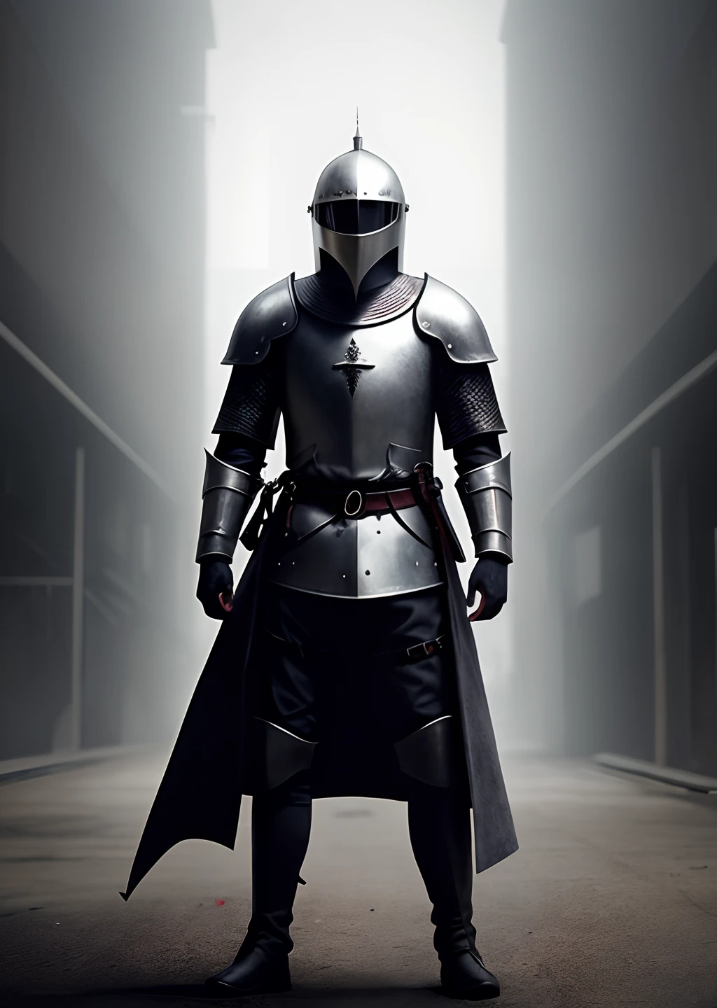 A knight with silver hair and a fencer's helmet, in a white medieval trenchcoat, looking menacing. The scene is in a sci-fi cyberpunk city, futuristic and dark moody atmosphere.