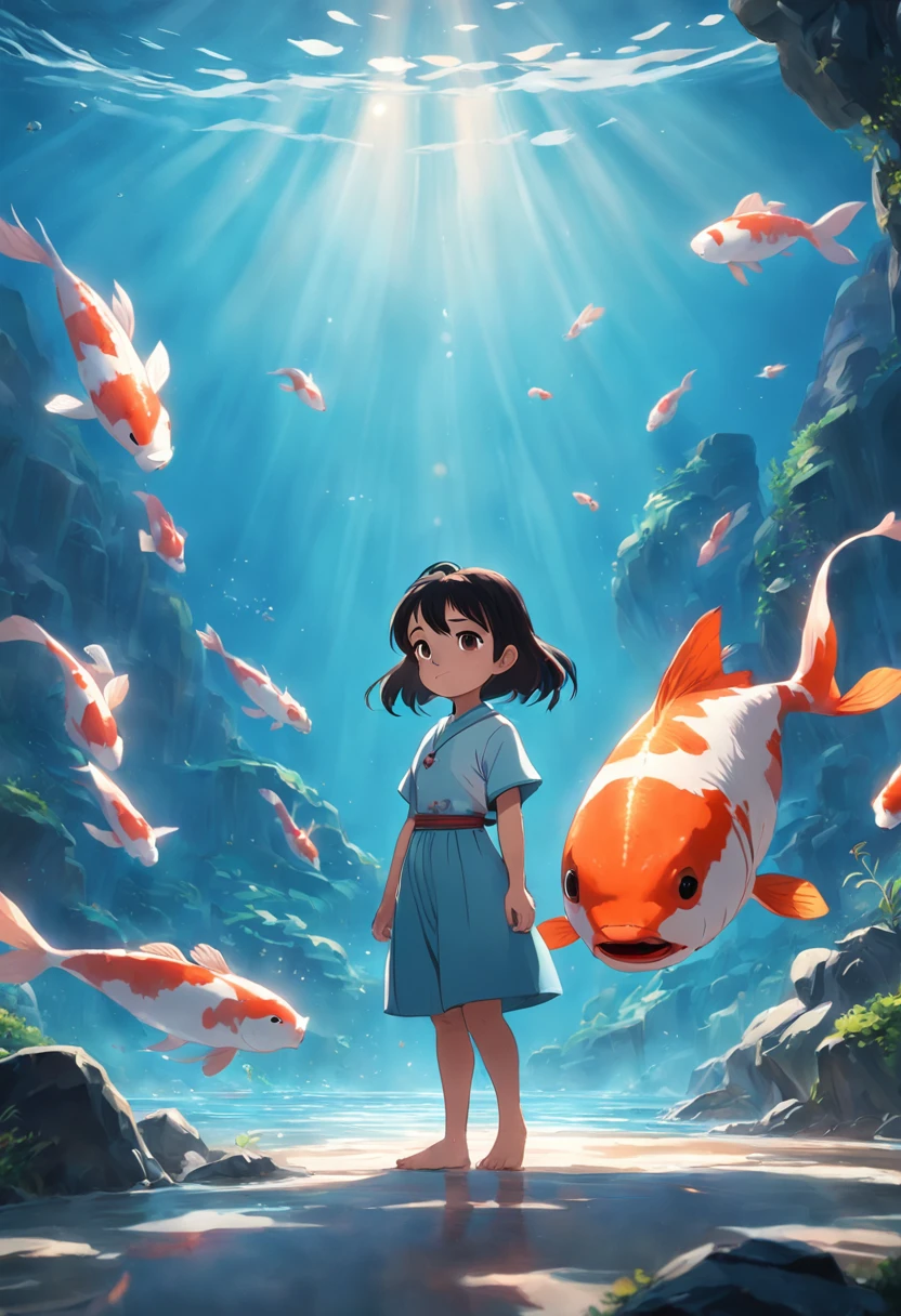 movie picture quality，Disney animation，style of disney animation，Disney movie animation，3D movies，China-style，Little girl with short braids standing in front of a huge koi，swell sea，depth of fields，high light，Real light，Ray traching，oc rendered，Hyper-realistic，best qualtiy，8K，Works of masters，super-fine，Detailed pubic hair，Correct anatomy，sharp focus on eyes，Bokeh，Facial features are carefully depicted