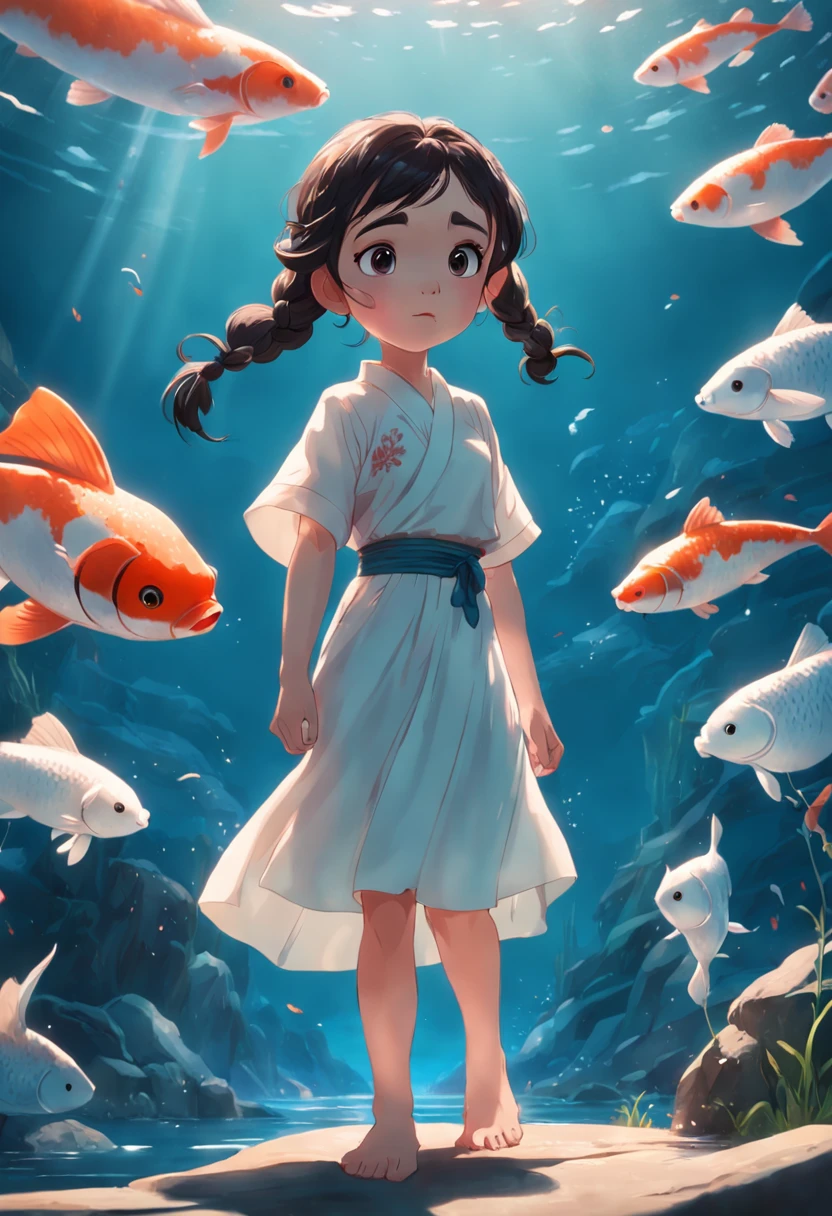 movie picture quality，Disney animation，style of disney animation，Disney movie animation，3D movies，China-style，Little girl with short braids standing in front of a huge koi，swell sea，depth of fields，high light，Real light，Ray traching，oc rendered，Hyper-realistic，best qualtiy，8K，Works of masters，super-fine，Detailed pubic hair，Correct anatomy，sharp focus on eyes，Bokeh，Facial features are carefully depicted