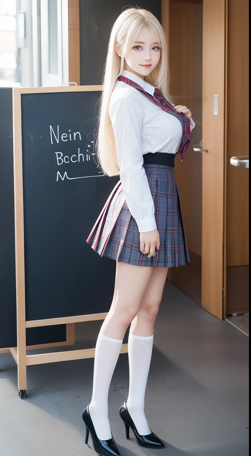 Sexy big boobs、The ultimate beautiful girl at 20 years old、very beautiful face、Long bangs that extend to the eyes, nose and mouth、The most beautiful platinum blonde hair in the world、Super long straight hair、Glowing big beautiful light blue eyes、White and beautiful shiny skin、lightsmile, she's wearing a school uniform and a tartan plaid skirt white socks and high heeled shoes standing near the chalkboard