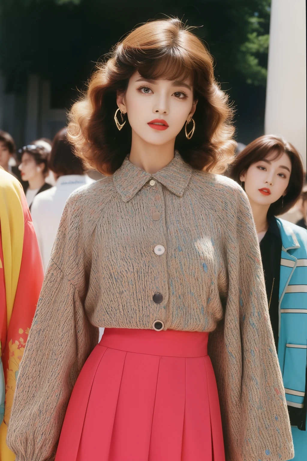 (highy detailed,8K,realisticlying,meticuloso,Real Human)In women's fashion in the 80s,Hair is usually groomed very thick and fluffy,Popular hairstyles include honeycomb heads,Big waves and fluffy curls。Some women also choose to use hairspray or mud for a more exaggerated hairstyle。 Emphasis on eye makeup was a characteristic of women in this period。thick bushy eyebrows、Heavy eyeliner and dark eyeshadow are representative of 80s makeup。Lip aspect,Fashionable women usually choose intense red or purple lipsticks,Emphasize lip shape。Common top styles include loose-fitting long-sleeved shirts、Exaggerated style with overly wide shoulders and shoulder pads。Popular fabrics are silk and chiffon。Pattern-wise,Popular motifs include boldgeometric patterns、Animal print、Rubber pattern Women in the 80s liked to wear loose and characteristic coats,For example, a loose windbreaker、Straw hat jacket and knitted cardiganSome coats also come with large buttons and accessories。Popular skirt styles include miniskirts、Midi skirts and A-line skirts。The miniskirt is typical of the 80s style,Accentuate the woman's leg line。Patterns and colors are also varied,Includes bright fluorescent colors and prints。Women's fashion in the 80s focused on accessories that matched clothes,Popular accessories include large earrings、Wide waistband、Vintage sunglasses and long necklace。Wrist watch、Bracelets and rings are also indispensable accessories