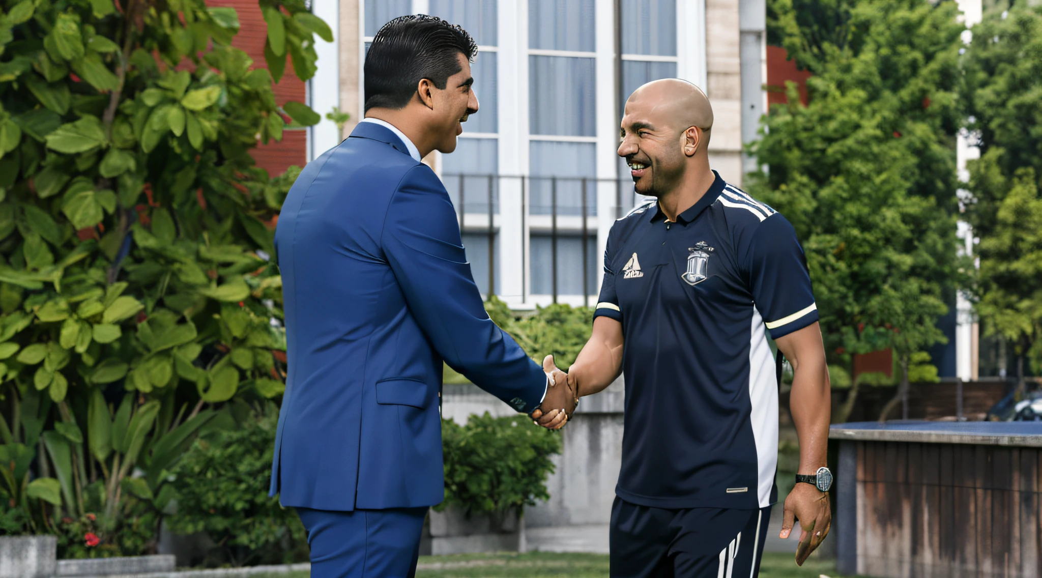 there are two men shaking hands in front of a building, gui guimaraes, inspired by Víctor Manuel García Valdés, ronaldo luis nazario da lima, ronaldo luis nazario de lima, inspired by Edi Rama, pablo olivera, high quality picture, 💣 💥💣 💥, special, sport, john picacio and brom