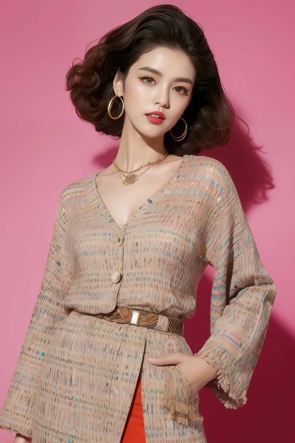 (highy detailed,8K,realisticlying,meticuloso,Real Human)In women's fashion in the 80s,Hair is usually groomed very thick and fluffy,Popular hairstyles include honeycomb heads,Big waves and fluffy curls。Some women also choose to use hairspray or mud for a more exaggerated hairstyle。 Emphasis on eye makeup was a characteristic of women in this period。thick bushy eyebrows、Heavy eyeliner and dark eyeshadow are representative of 80s makeup。Lip aspect,Fashionable women usually choose intense red or purple lipsticks,Emphasize lip shape。Common top styles include loose-fitting long-sleeved shirts、Exaggerated style with overly wide shoulders and shoulder pads。Popular fabrics are silk and chiffon。Pattern-wise,Popular motifs include boldgeometric patterns、Animal print、Rubber pattern Women in the 80s liked to wear loose and characteristic coats,For example, a loose windbreaker、Straw hat jacket and knitted cardiganSome coats also come with large buttons and accessories。Popular skirt styles include miniskirts、Midi skirts and A-line skirts。The miniskirt is typical of the 80s style,Accentuate the woman's leg line。Patterns and colors are also varied,Includes bright fluorescent colors and prints。Women's fashion in the 80s focused on accessories that matched clothes,Popular accessories include large earrings、Wide waistband、Vintage sunglasses and long necklace。Wrist watch、Bracelets and rings are also indispensable accessories