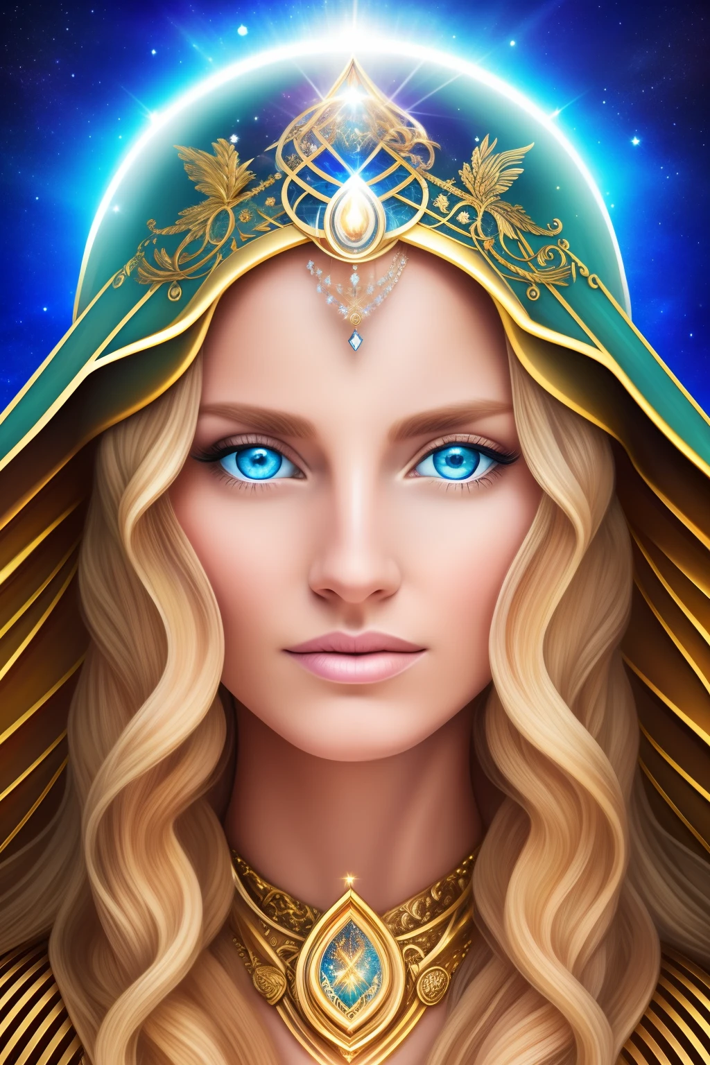 a long blonde haired woman, universe, heaven, virgo, portrait of queen of light, 3d goddess portrait, elfic priestess, goddess portrait, goddess of light, majestic saint woman, galatic, blue eyes, alien, pleidan, cloak,