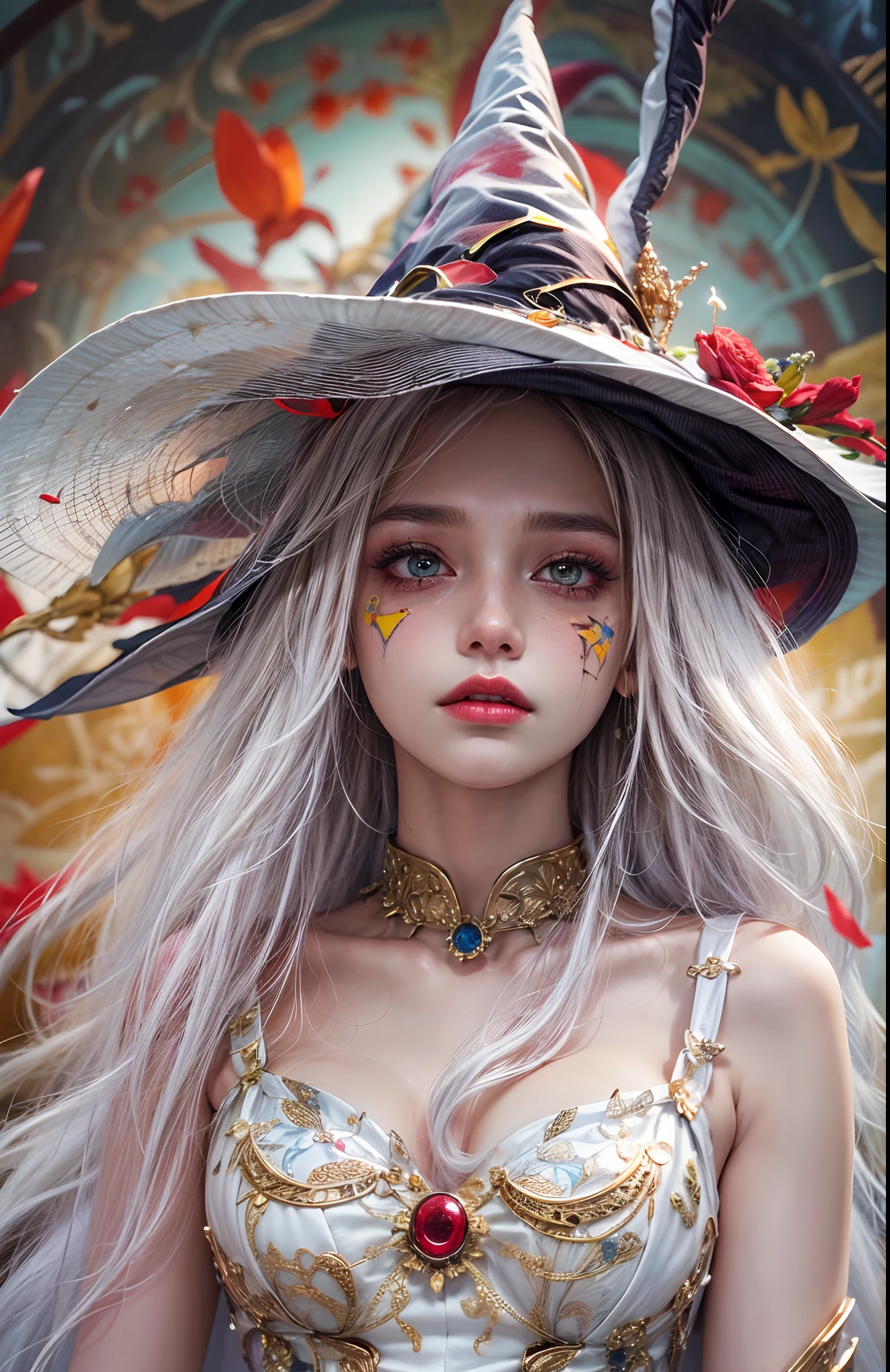 BREAK, (masterpiece, best quality, absurdres:1.4), (highly detailed CG illustration), highly detailed, cinematic light, official art, colorful, romanticism, the most beautiful form of chaos, elegant, a brutalist designed, abstract background, lantern, hair flower, petals, BREAK, 1girl, (witch hat:1.5), starry sky, full moon, absurdly long hair, white hair,(face tattoo:1.3), (white dress, Heterochromia:1.5) BREAK, (by Dave Seeley:1.7), (Maximalism:2), (complicated background, complicated decorations, complicated dress:2), (red blood eyes, crying, tears:1.4), (extreme detailed:1.5),(fractal art:1.2) BREAK,