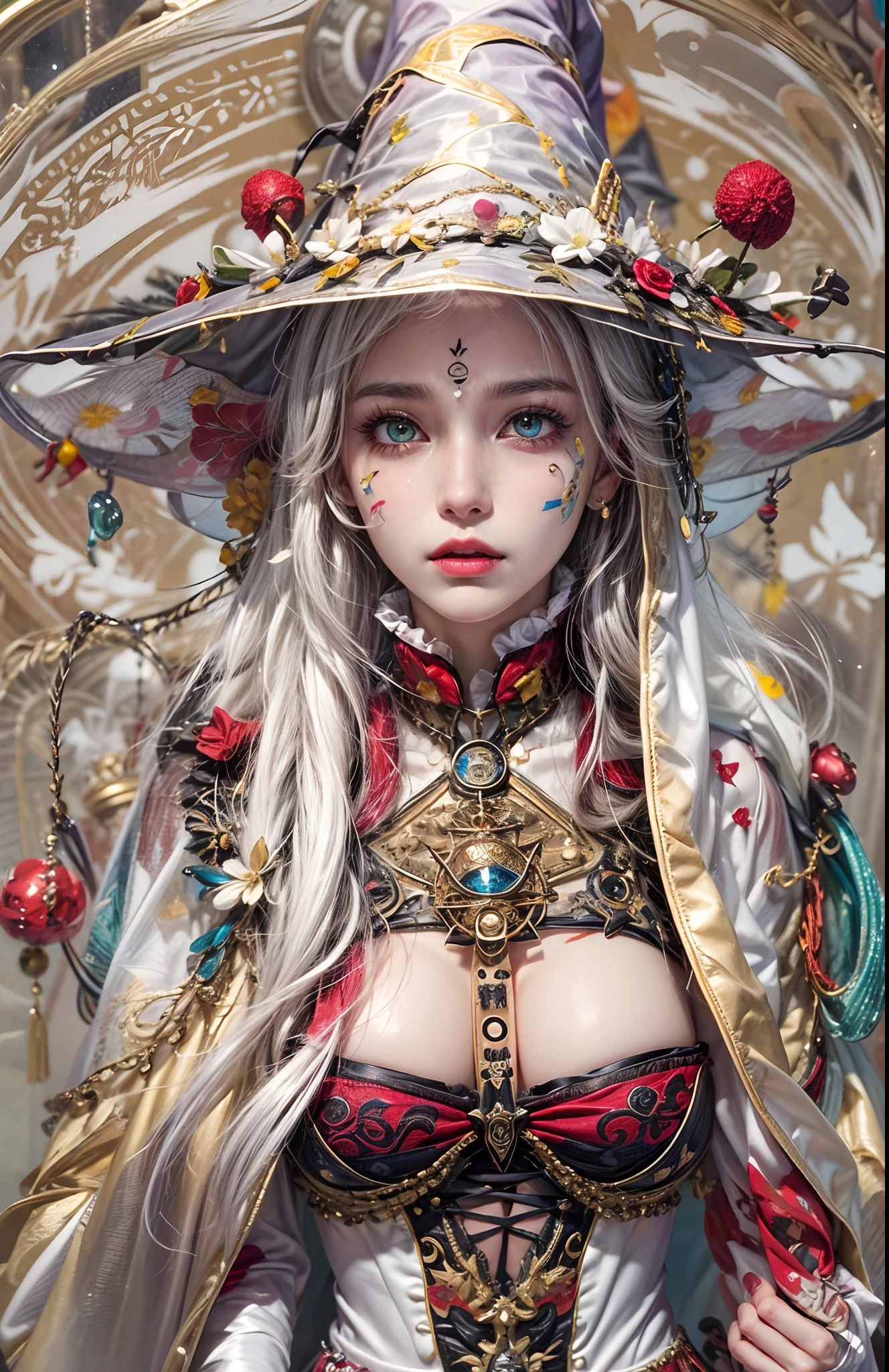 BREAK, (masterpiece, best quality, absurdres:1.4), (highly detailed CG illustration), highly detailed, cinematic light, official art, colorful, romanticism, the most beautiful form of chaos, elegant, a brutalist designed, abstract background, lantern, hair flower, petals, BREAK, 1girl, (witch hat:1.5), starry sky, full moon, absurdly long hair, white hair,(face tattoo:1.3), (white dress, Heterochromia:1.5) BREAK, (by Dave Seeley:1.7), (Maximalism:2), (complicated background, complicated decorations, complicated dress:2), (red blood eyes, crying, tears:1.4), (extreme detailed:1.5),(fractal art:1.2) BREAK,