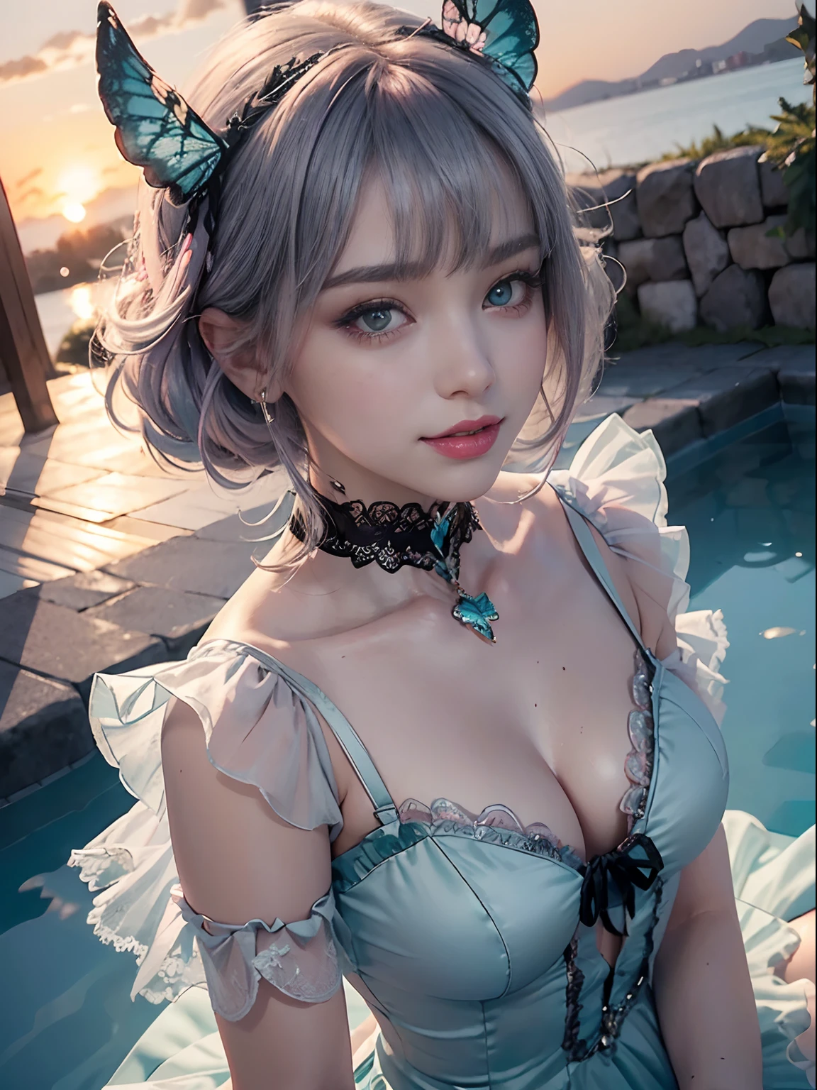 (Hyper Detailed, Best Quality), depth of fields, ((Sunset Pool)), (Beautiful and cute woman, Solo), Gravu Body, (Beautiful (Silver light Purple Hair), Blunt bangs), (Beautiful (Teal green eyes)), (is Wearing (magical devil dress:1.3), pink and black coloring, frills AND lace, Butterfly ornament choker, ribbons), (a smile:1.2), Dynamic Posing, (fashion photo, portrait, From above)