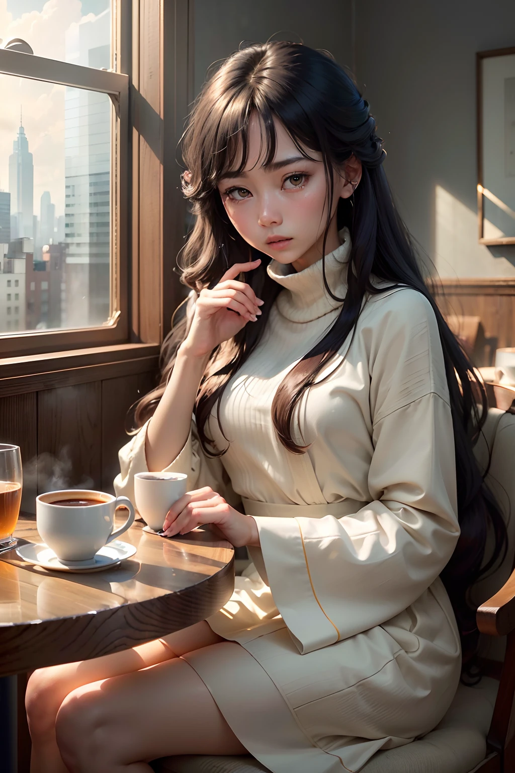 Raw photography, top-quality, masterpiece, extremely delicate and beautiful, ighly detailed, nffsw, Unity, 8K Picture Wallpaper, amazingly detail, detaile, masterpiece, top-quality, Official art, Highly detailed ticker Unity 8k wallpaper, ultra-detailliert, hight resolution, ighly detailed, Clair, Focus, (top-quality), (realisitic, Photorealsitic:1.3), 8K, Soft lighting, hightquality, lighting like a movie, 1womanl、A MILF、Eyes very, Very big、long eyelashes、Frail constitution、Ephemeral beauty、Glossy、In 1981、I have very, Very long hair、Long hair、Put on a coat、Wearing a beige coat、Wearing a ruby ring、Wearing a ruby ring、Ring on ring finger、Old Coffee Shop、Inside the coffee shop、Frosted Glass Cafe、City of Winds、I can't help but feel sad about the story.、Tea leftover table、Sit up、Cheek cane、Sluggishness、August、In a dazzling day、Vision of Vowed Love、While rounding your back、You pulled out the ring on your finger.、If you're going to give it back to me、Throw it away、Life without the weight of a single dead leaf