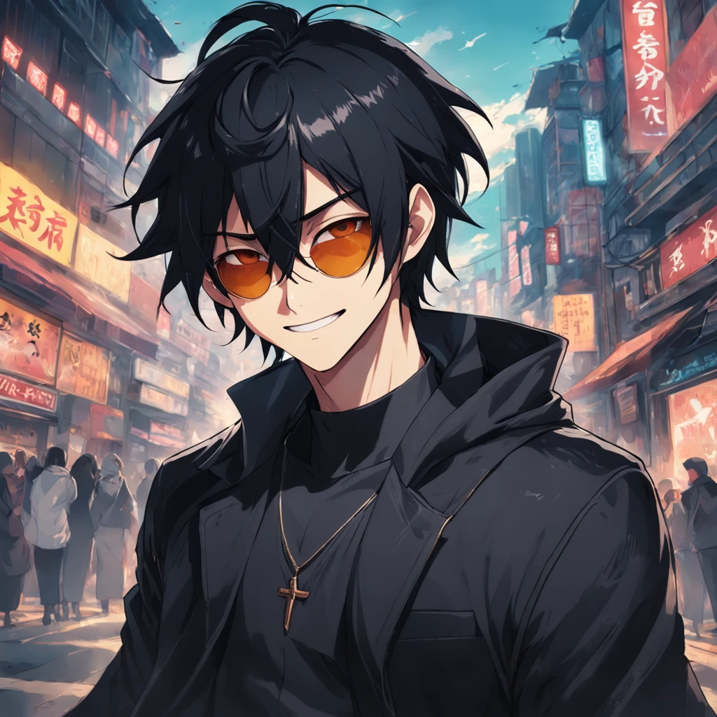 Man Black hair Black clothes Smile Sunglasses Scythe