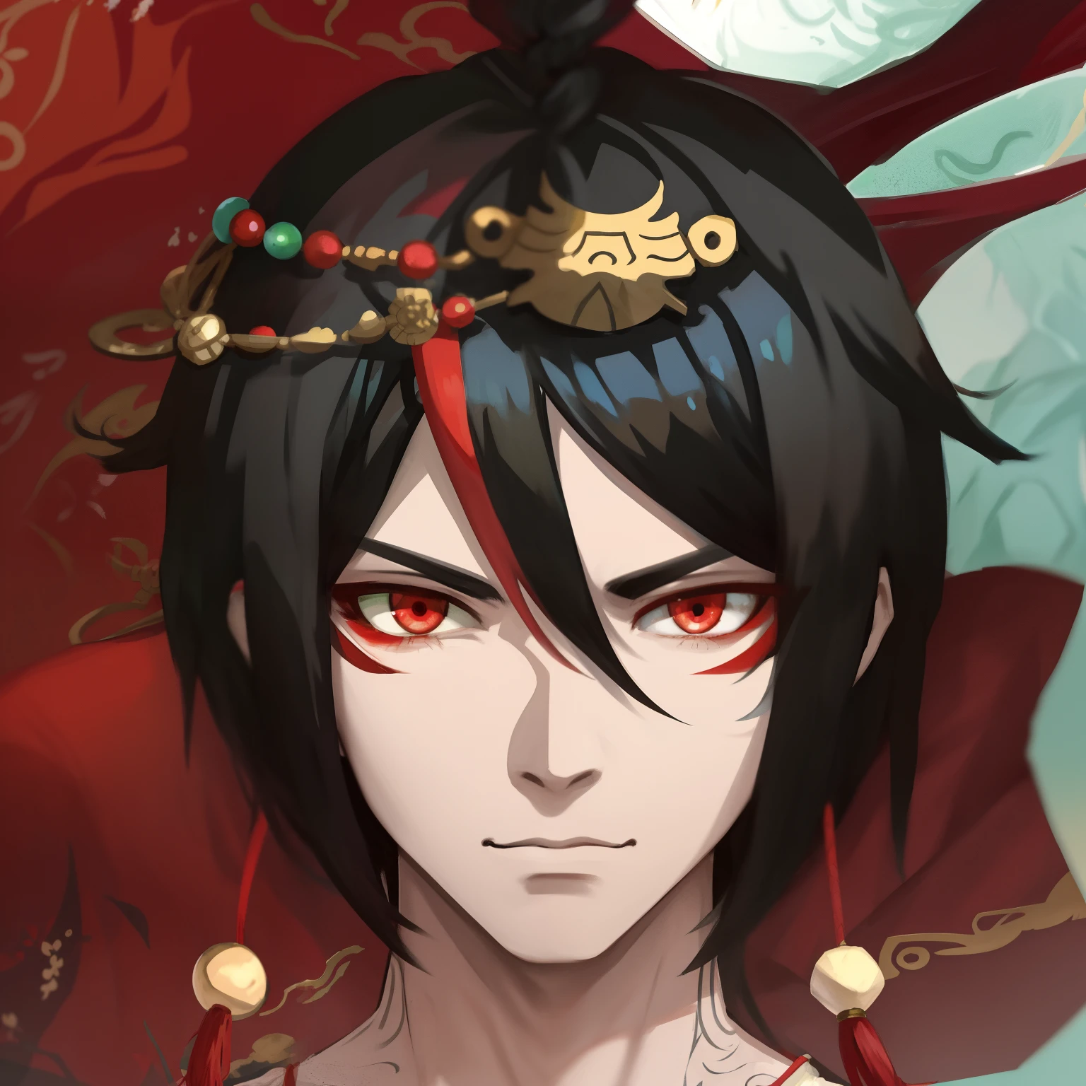 Anime girl with black hair and red and green hair with gold accessories, onmyoji portrait, heise jinyao, handsome japanese demon boy, onmyoji, Onmyoji detailed art, inspired by Li Mei-shu, Avatar image, xianxia hero, kanliu666, Akira in Chinese mythology, drak, bian lian, Yan
