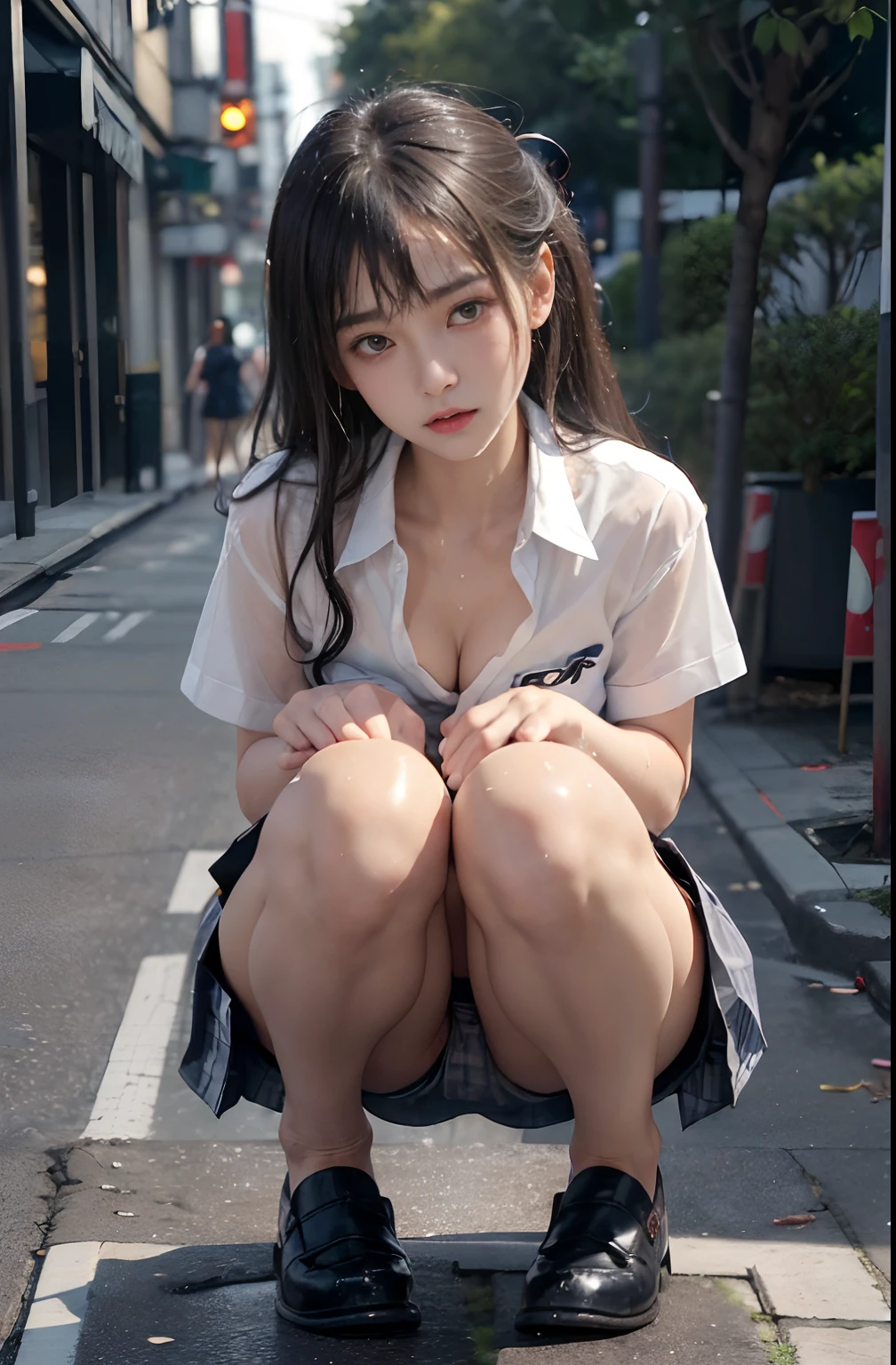 (8K、Raw photography、top-quality、masterpiece:1.2、realisitic、Photorealsitic、highcontrast、photon maping、photon maping、Photorealsitic、ultra-detailliert、profetional lighting、low angles:1.2)、(1 girl in)、(独奏:1.5)、(full body Esbian)、(Height is 165 cm)、(18-year-old schoolgirl)、(Shinjuku at night Japan)、(Sidewalk lined with shops)、(Japan high school uniform and designated shoes)、(Dark blue blazer:1.2)、(short plaid skirt:1.5)、(White shirt for students)、 (neck tie:0.6)、(Looking at the front and squatting with the crotch open)、(Uniform taken off to the shoulders、Fluttering chest、Exposed beige bra: 1.5)、(Skirt flipping)、(MCharacter opening leg)、(100 degree leg opening)、(crotch open:1.2)、(Light brown medium hair)、(See-through wet white panties:1.5)、(cammel toe)、(Black loafers:1.5)、(beauitful face:1.3)、(perfectly proportions:1.2)、(Long feet:1.2)、(small tits:1.3)、(Panties can be seen from under the skirt:1.3)、(woman's pubic area is clearly visible:1.4)、(Have pubic hair:1.4)、(witheout panties:1.2)、(Textured skin)