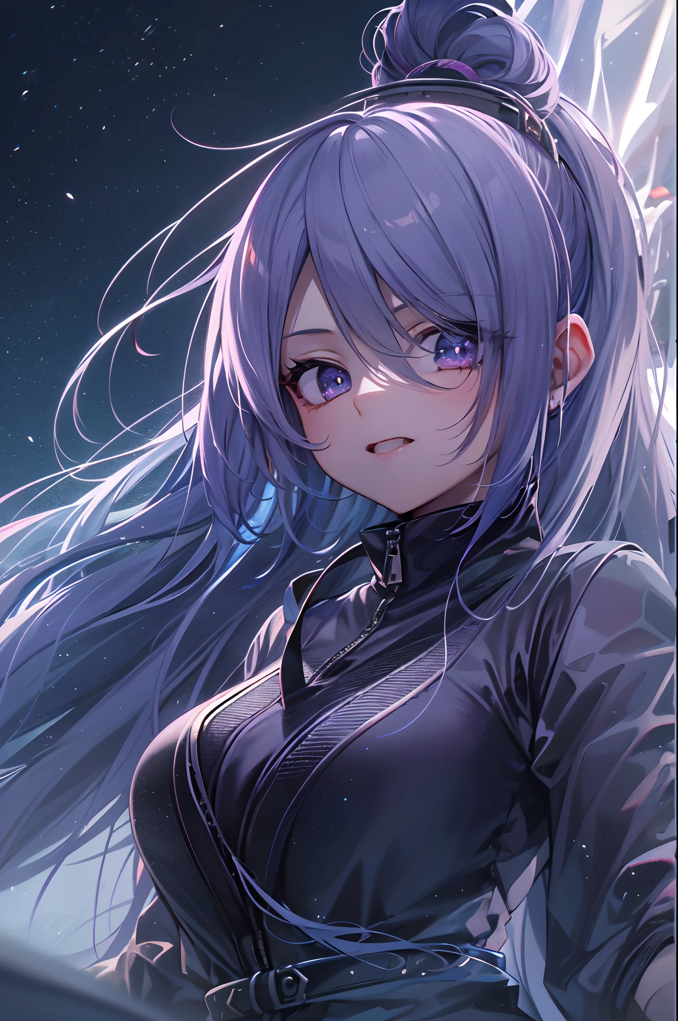 a teenager, female, japanese ninja, solo, beautiful, hair blows slightly, on the top of the clif, a sliver moon on the dark sky, mouth hold, gradient eyes, mask on head, gradient hair, silver hair, purple hair, ponytail, anime style, cinematic lighting, ray tracing, reflection light, depth of field, glowing light, from behind, best quality, high quality, highres, textured skin, UHD, 8k
