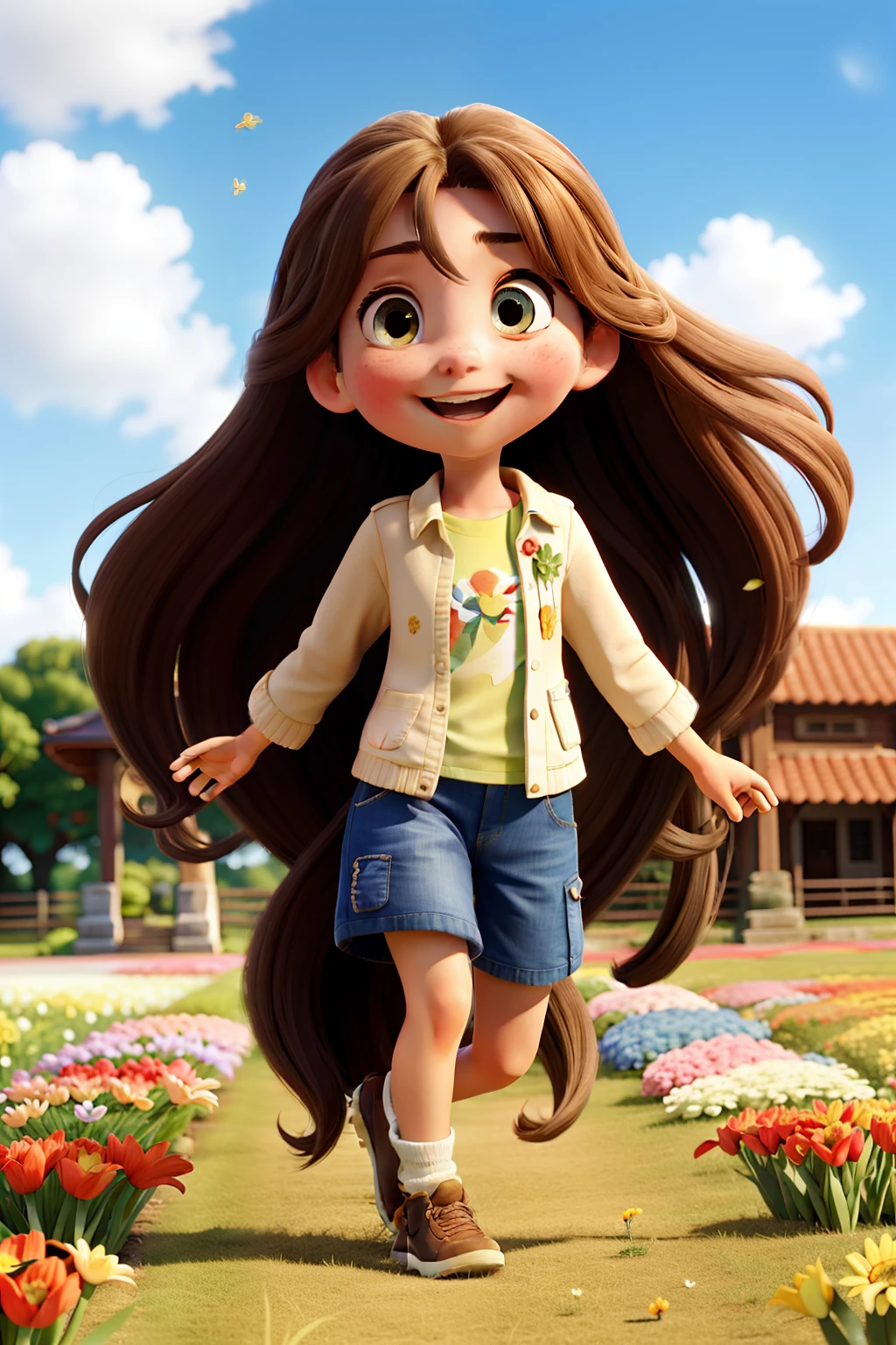 asiagirl,long whitr hair,brunette color hair,big laughter,A sky full of flowers,Flowers,run,frontage,rays of sunshine,