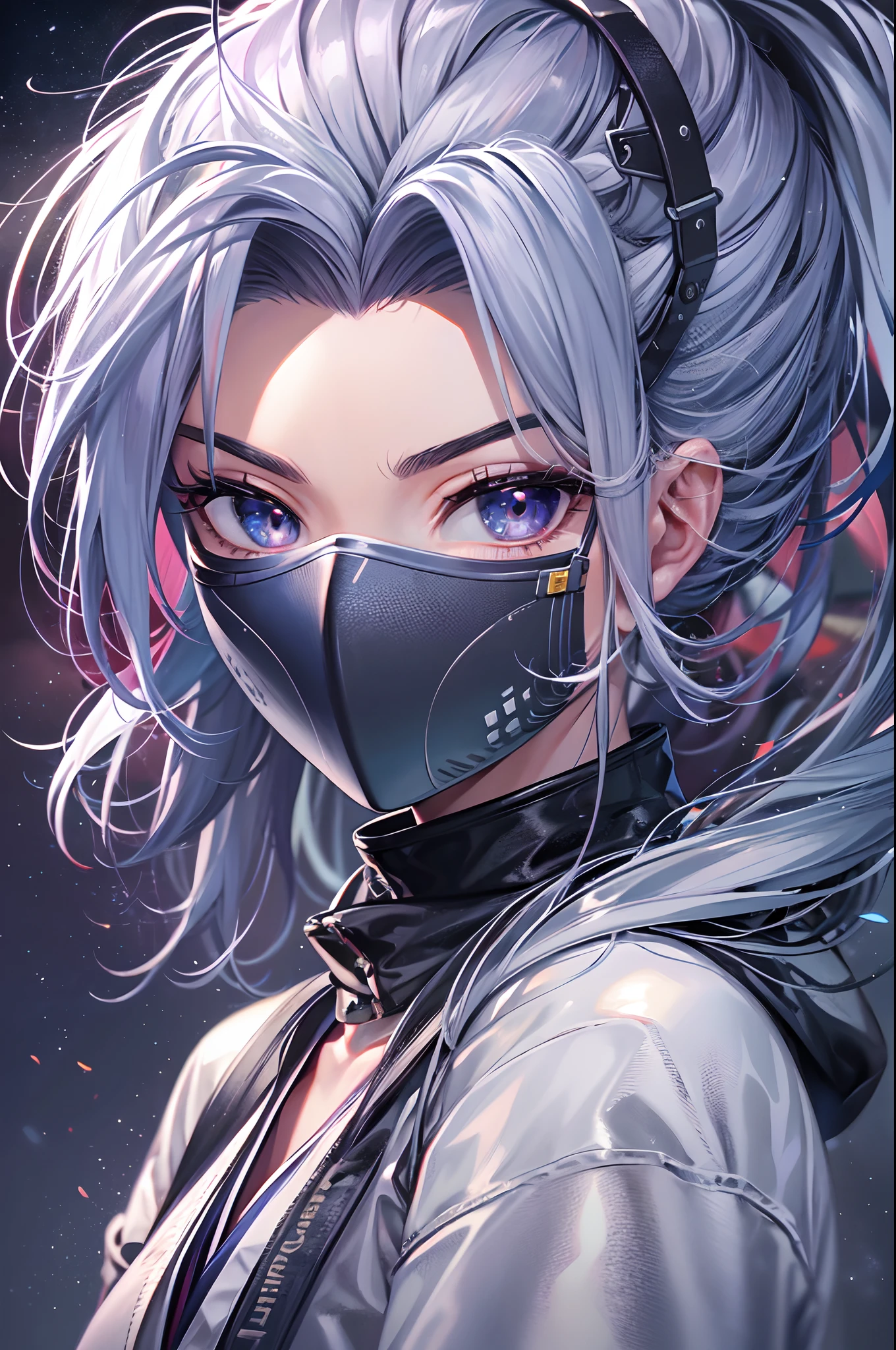 a teenager, female, japanese ninja, solo, beautiful, hair blows slightly, on the top of the clif, a sliver moon on the dark sky, mouth hold, gradient eyes, mask on head, gradient hair, silver hair, purple hair, ponytail, anime style, cinematic lighting, ray tracing, reflection light, depth of field, glowing light, from behind, best quality, high quality, highres, textured skin, UHD, 8k