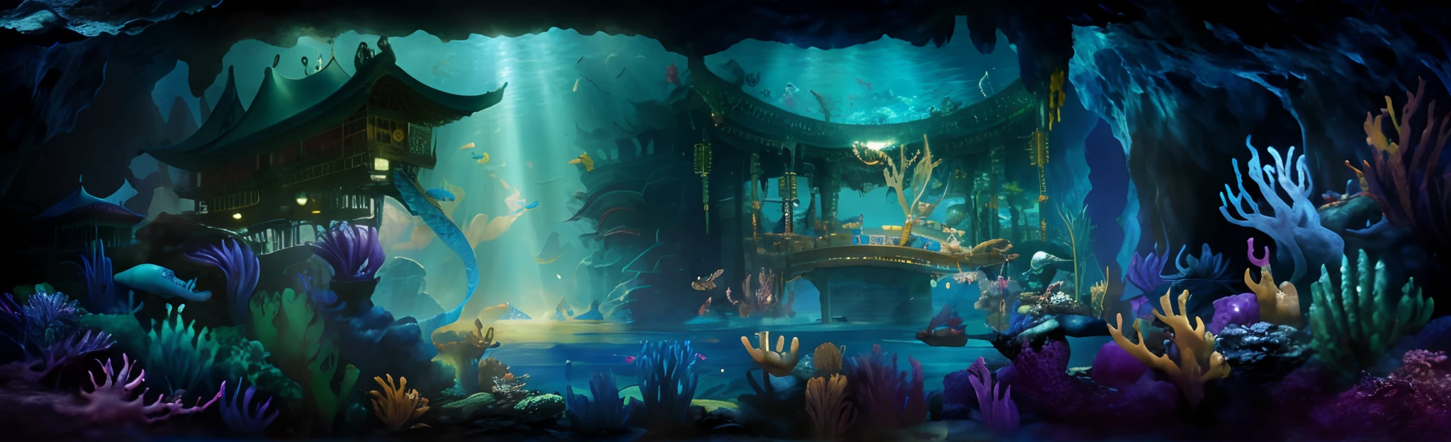 There is a painting of a cave,There is a ship inside, undersea environment, underwater environment, Underwater market, masterpieceunderwater scene, atlantis background, deep sea landscape, an underwater city, background artwork, underwater crystal caverns, concept art highly detailed, painted as a game concept art, underwater scenery, an underwater city, concept art stunning atmosphere,Underwater Dragon Palace,Underwater world,Ancient Chinese architecture under the sea,Underwater Dragon Palace