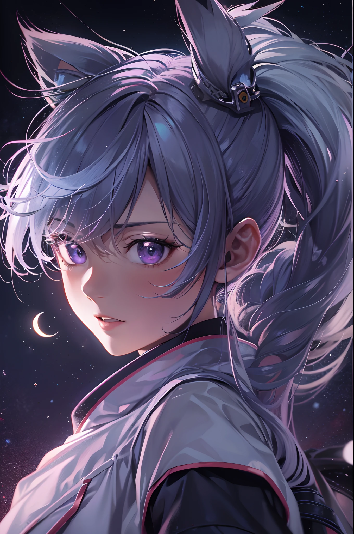 a teenager, female, japanese ninja, solo, looks back, beautiful, hair blows slightly, on the top of the clif, a sliver moon on the dark sky, mouth hold, gradient eyes, mask on head, gradient hair, silver hair, purple hair, ponytail, anime style, cinematic lighting, ray tracing, reflection light, depth of field, glowing light, from behind, best quality, high quality, highres, textured skin, UHD, 8k