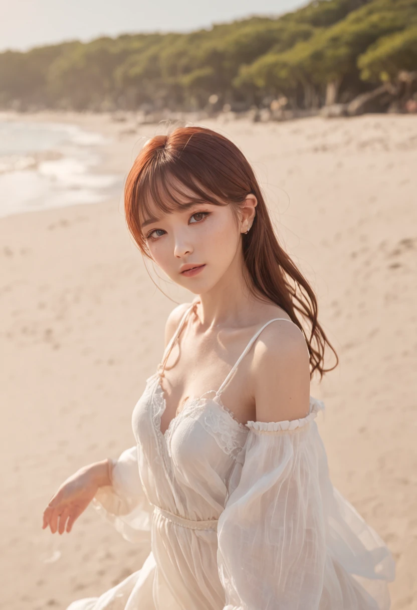 super-fine,Physical rendering,choker necklace,耳Nipple Ring,Air bangs,hair adornments,the setting sun,鎖骨,Wristbands,nabel,long whitr hair,Brown hair,1girll,mideum breasts,sandbeach,wavey hair,thinness,